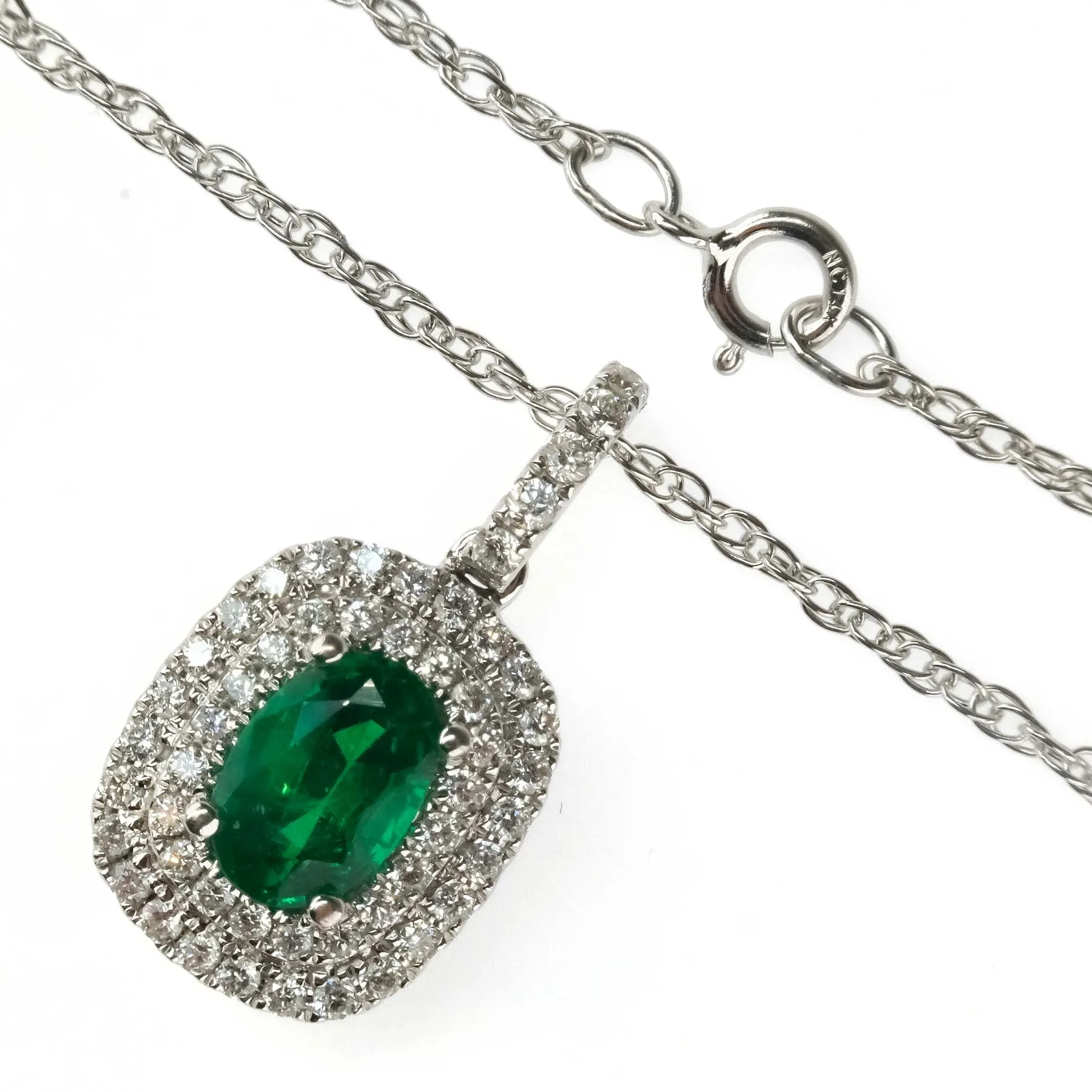 0.76ct Emerald & Diamond Accents Halo Pendant on 18" Chain in 14K/18K White Gold