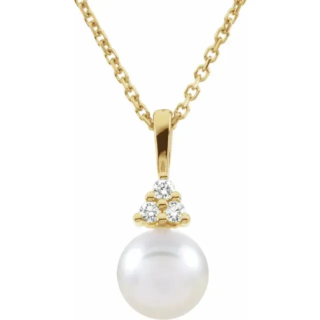 14K Yellow Cultured White Akoya Pearl & .05 CTW Natural Diamond Necklace