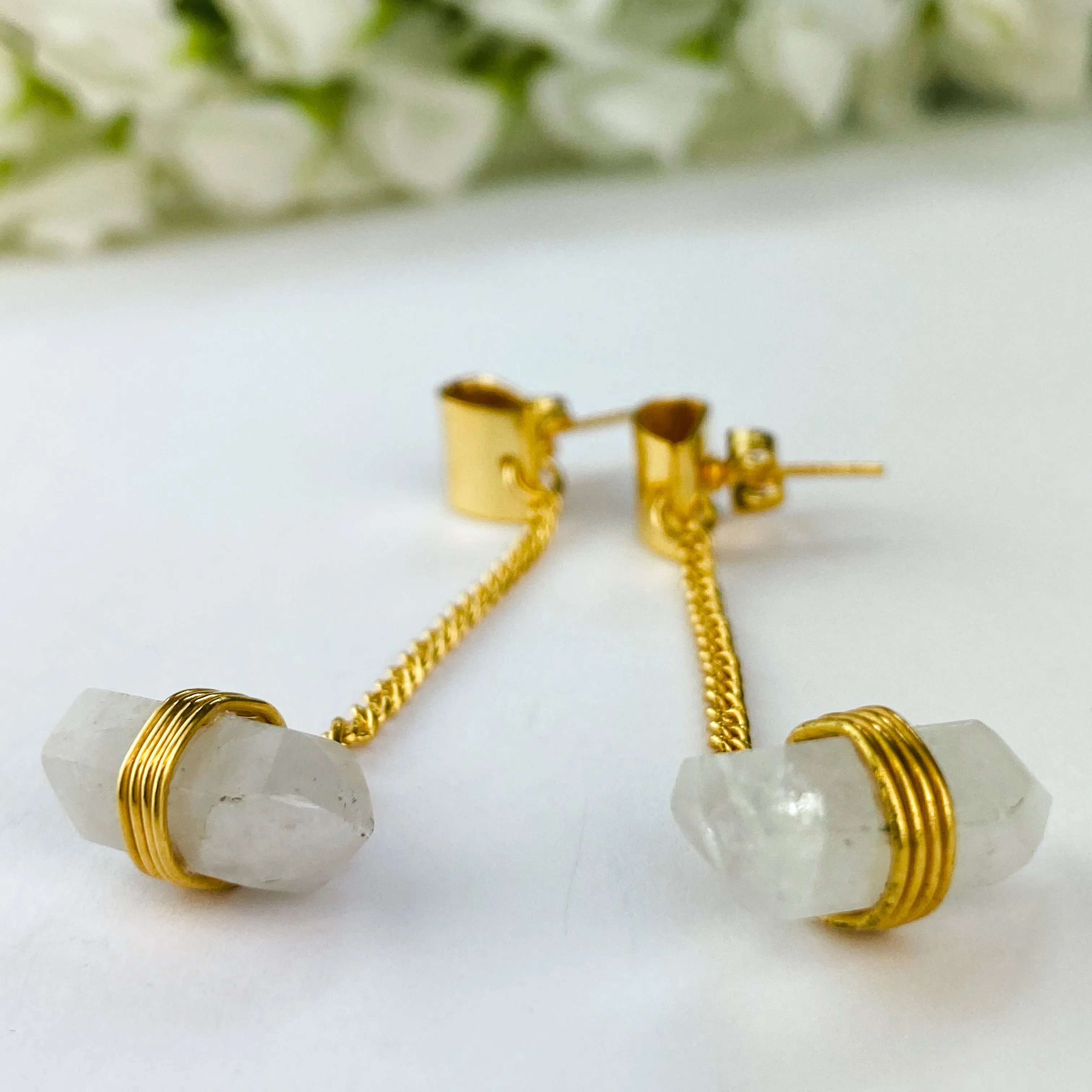 18k Gold Plated Chain Earrings | Raw Moonstone Point