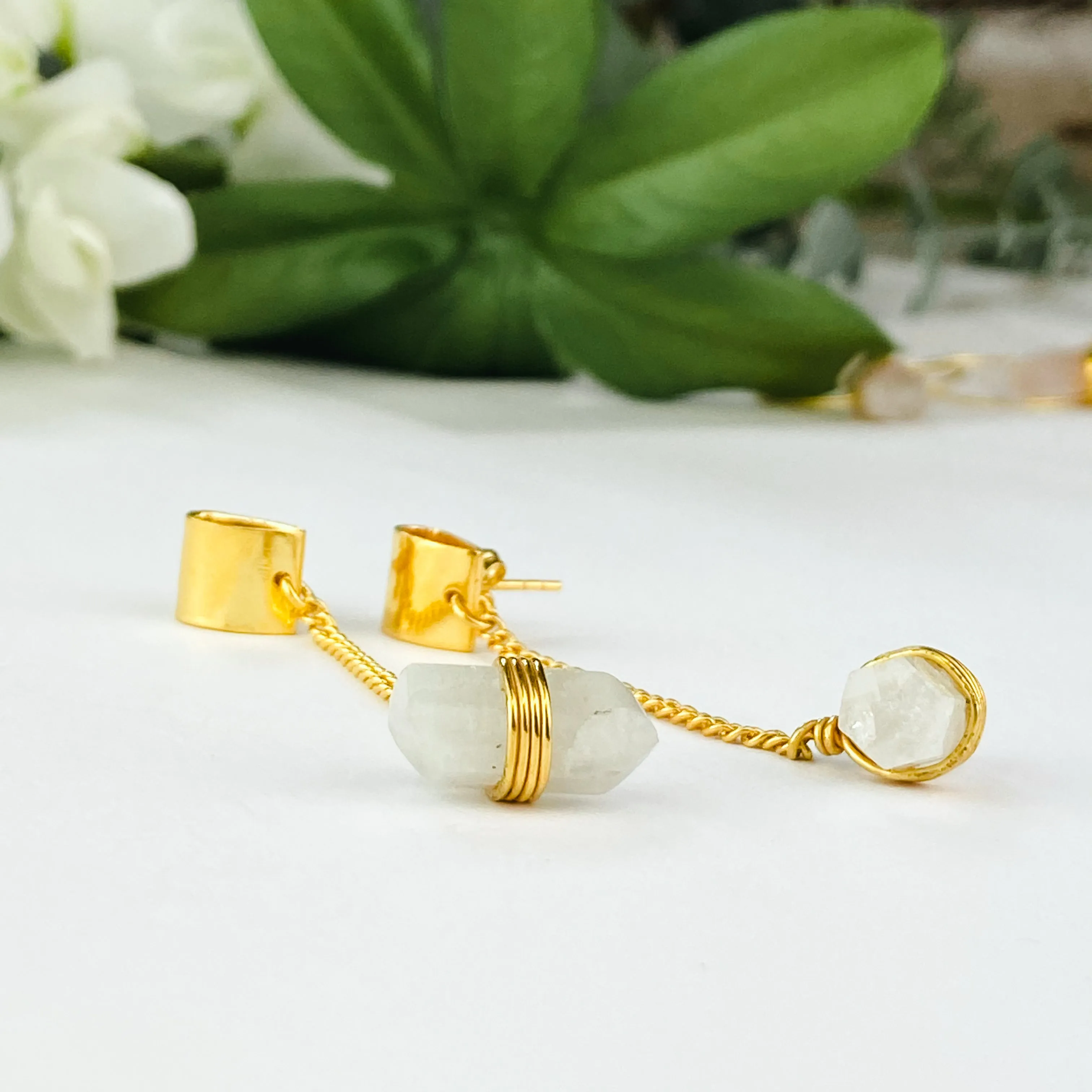 18k Gold Plated Chain Earrings | Raw Moonstone Point