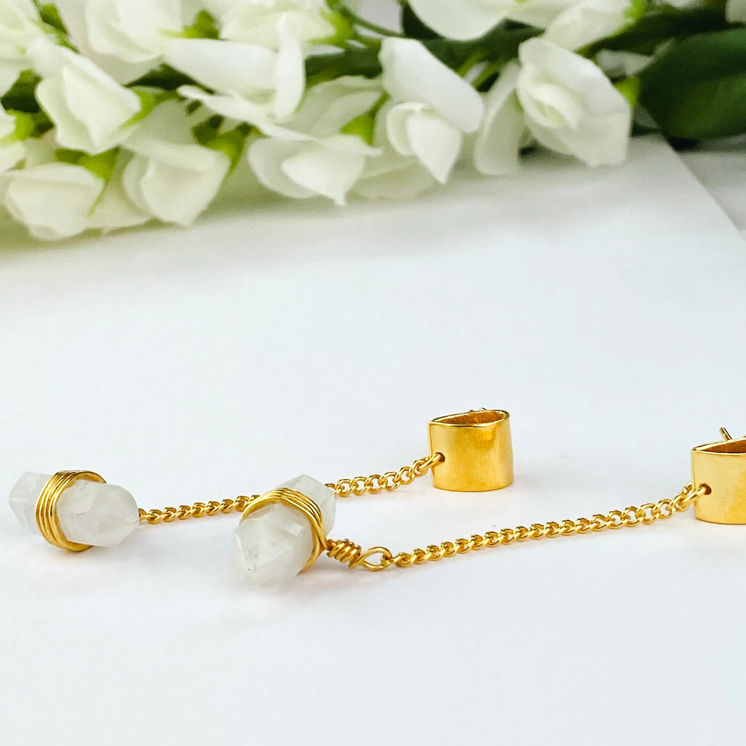 18k Gold Plated Chain Earrings | Raw Moonstone Point