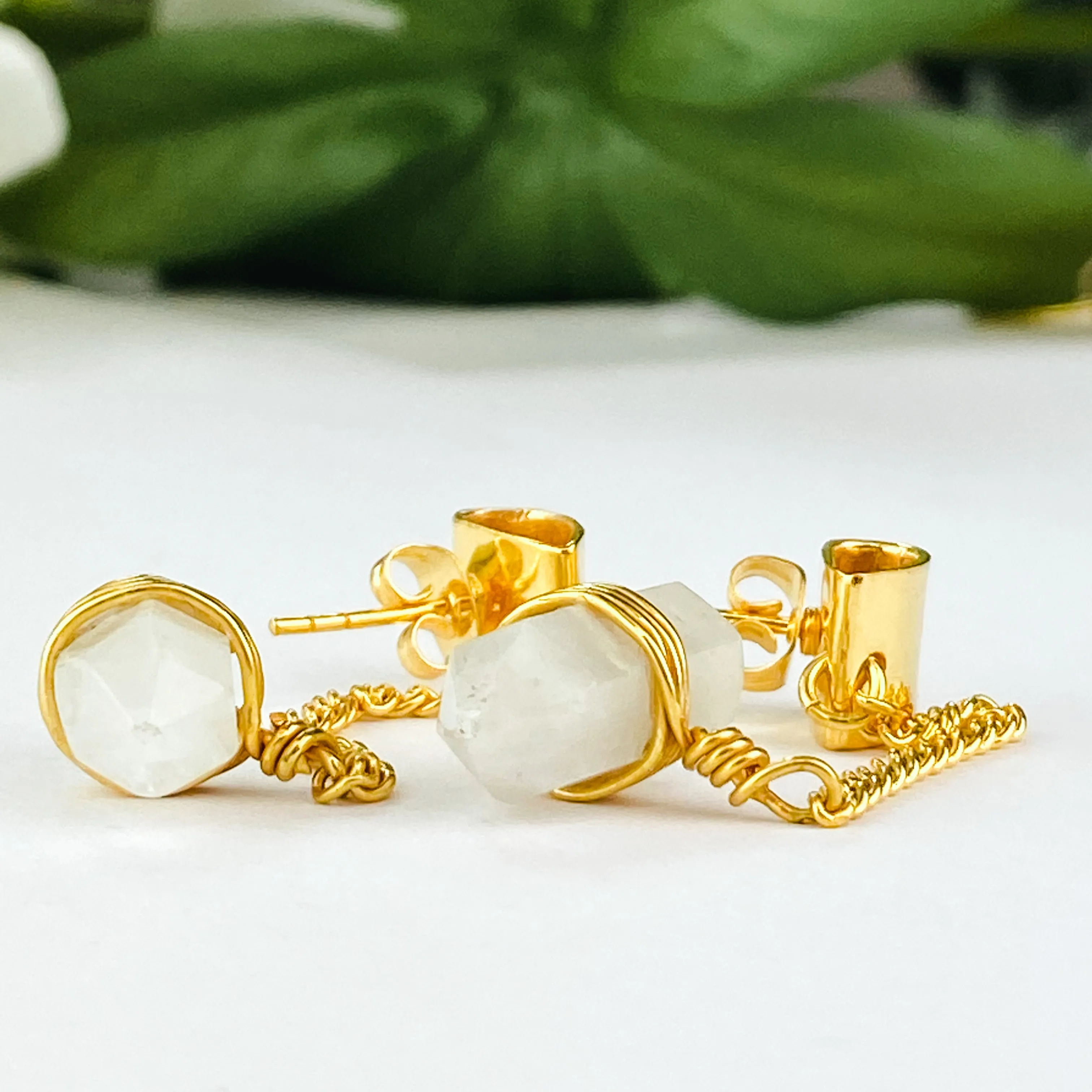 18k Gold Plated Chain Earrings | Raw Moonstone Point