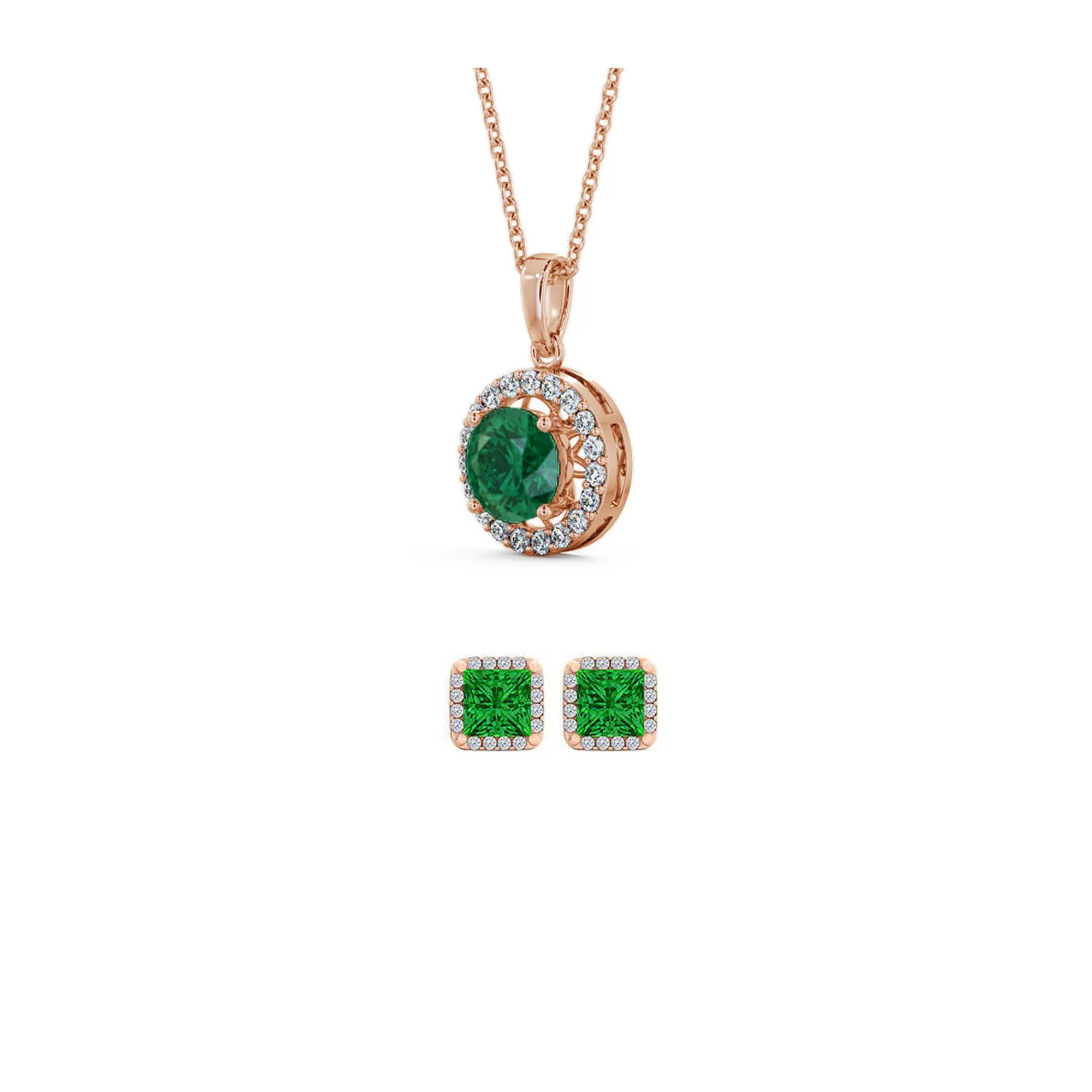 18K Rose Gold 2ct Halo Emerald Round 18 Inch Necklace and Halo Square Earrings Set Plated