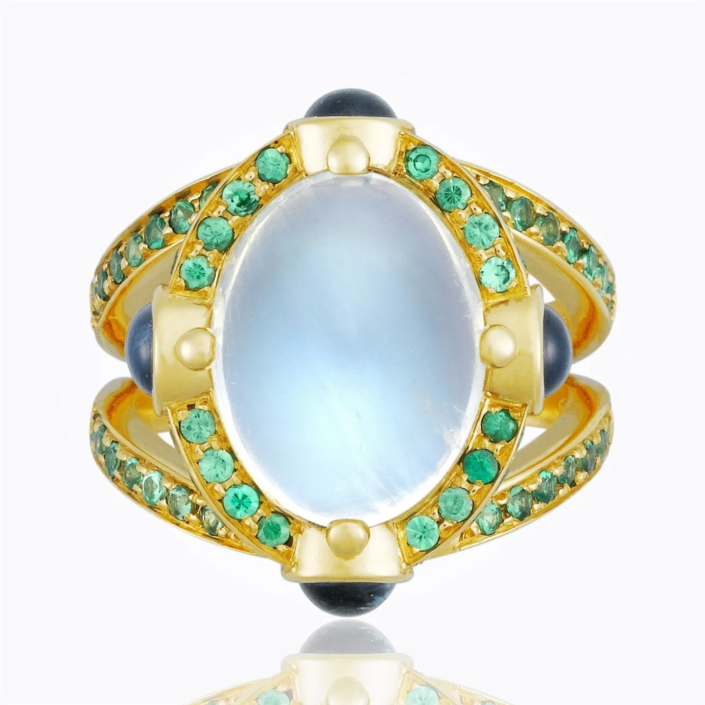 18K Royal Blue Moonstone Stupa Ring with blue sapphire and tsavorite