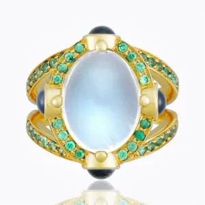 18K Royal Blue Moonstone Stupa Ring with blue sapphire and tsavorite