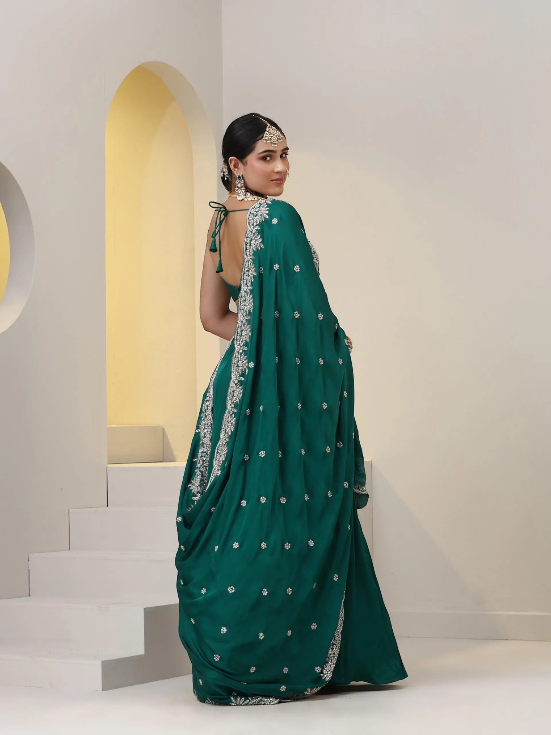 3 pc SET - Emerald Satin Lehenga with Hand Embroidered Blouse fabric and Dupatta