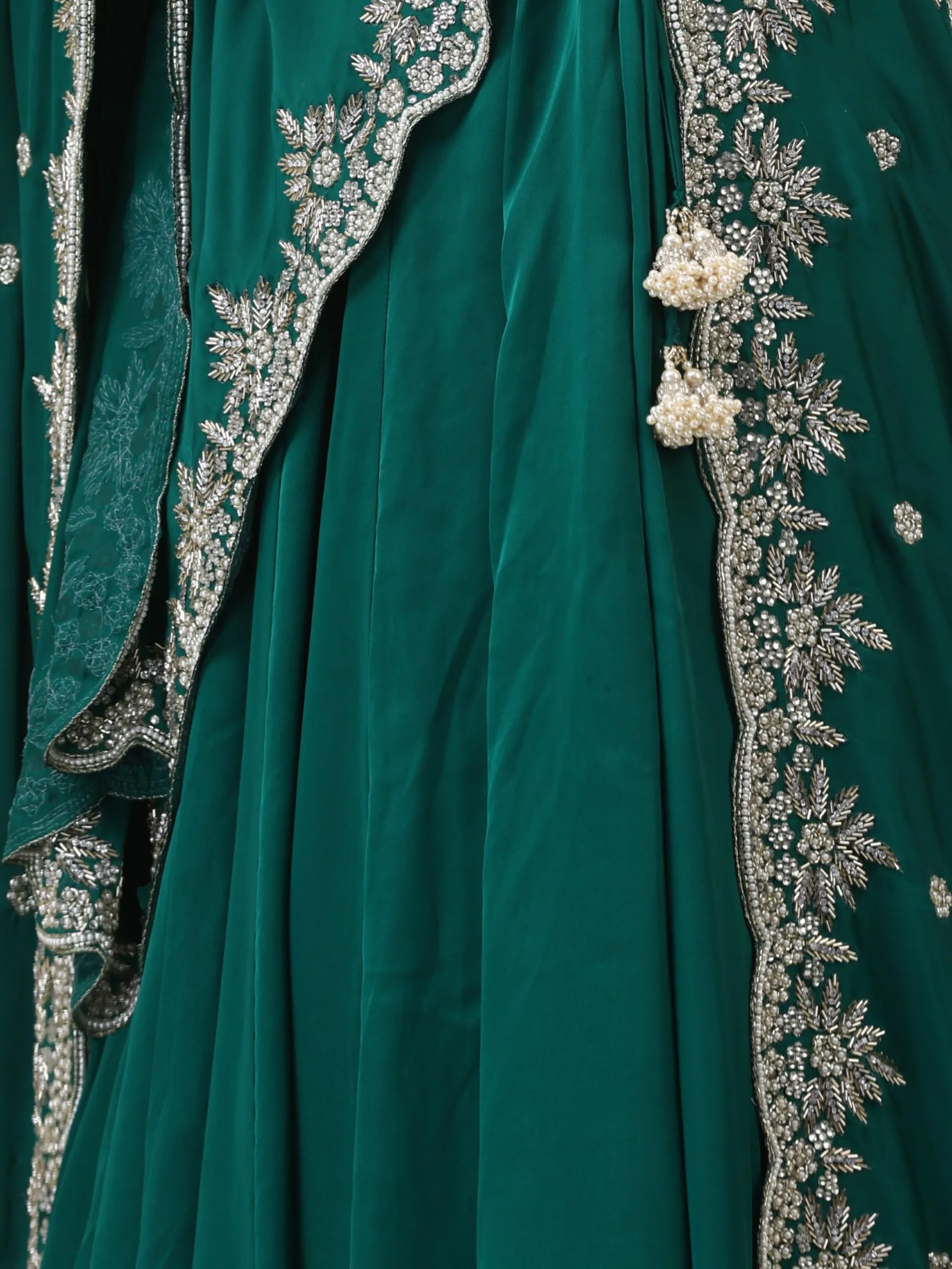 3 pc SET - Emerald Satin Lehenga with Hand Embroidered Blouse fabric and Dupatta