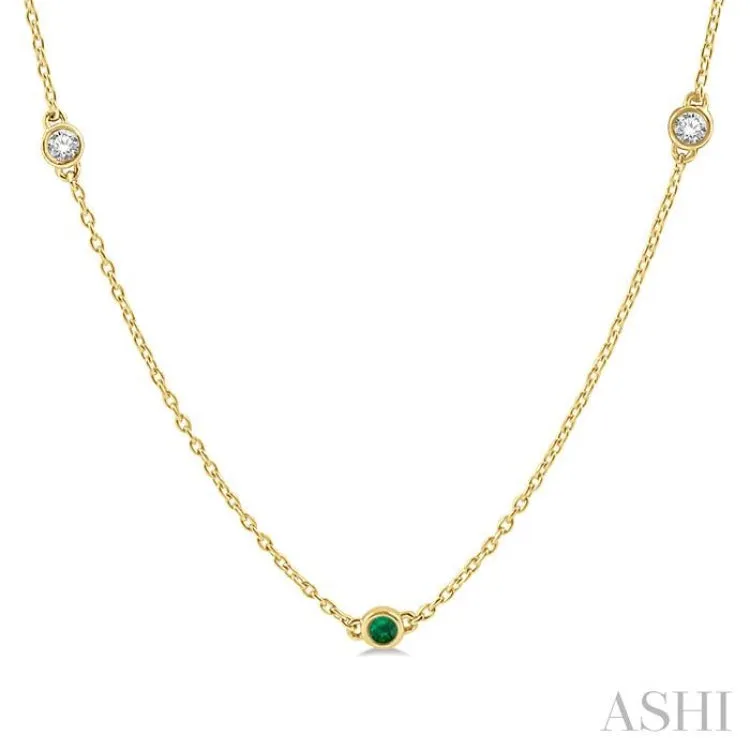 3/8 ctw Round Cut Diamond and 2.6MM Emerald Precious Station Necklace in 14K Yellow Gold