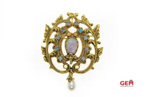 Antique Cluster Opal Drop Pearl Brooch 585 14k Yellow Gold Lapel Pin