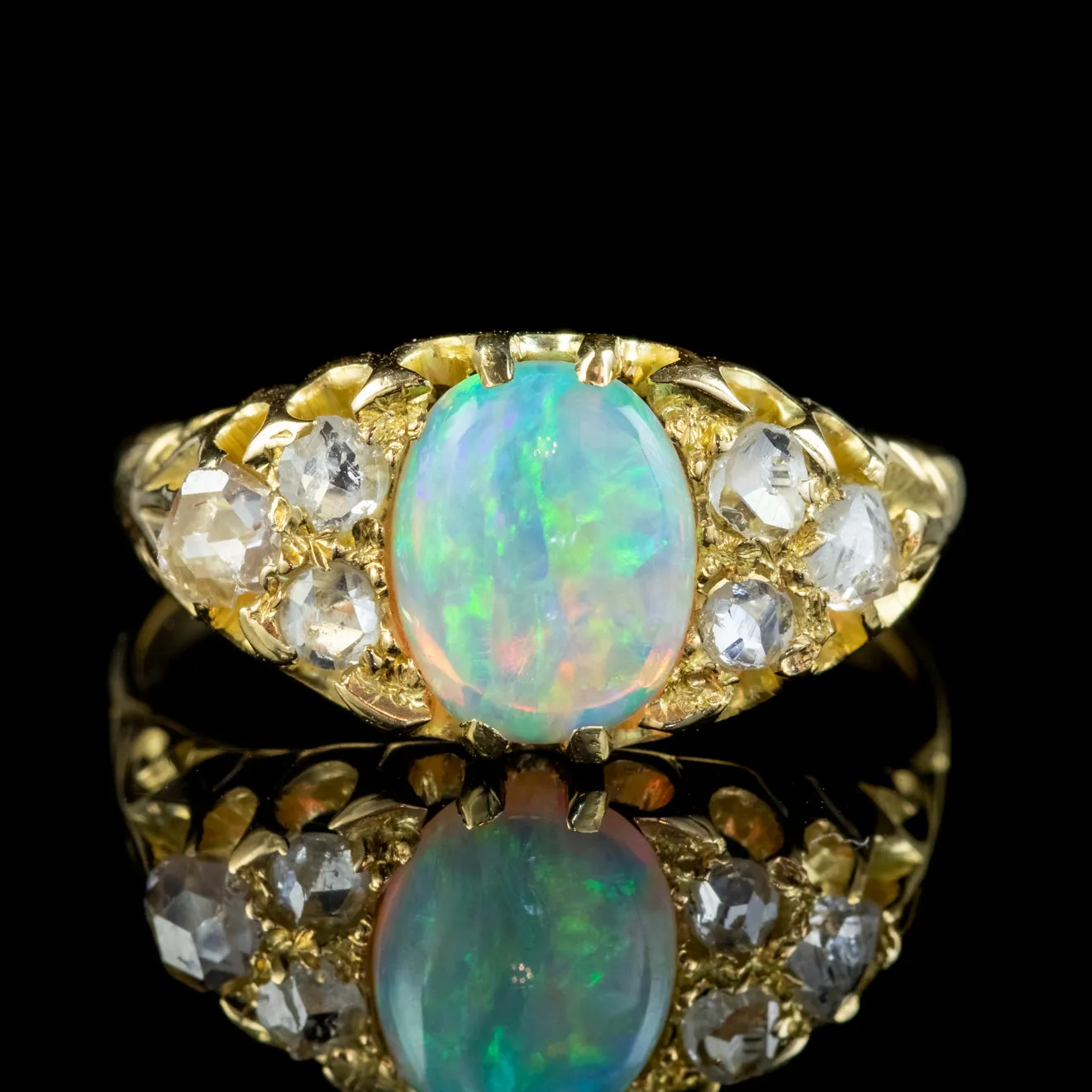 Antique Victorian Opal Diamond Cluster Ring 18Ct Gold 1.60Ct Opal Circa 1880