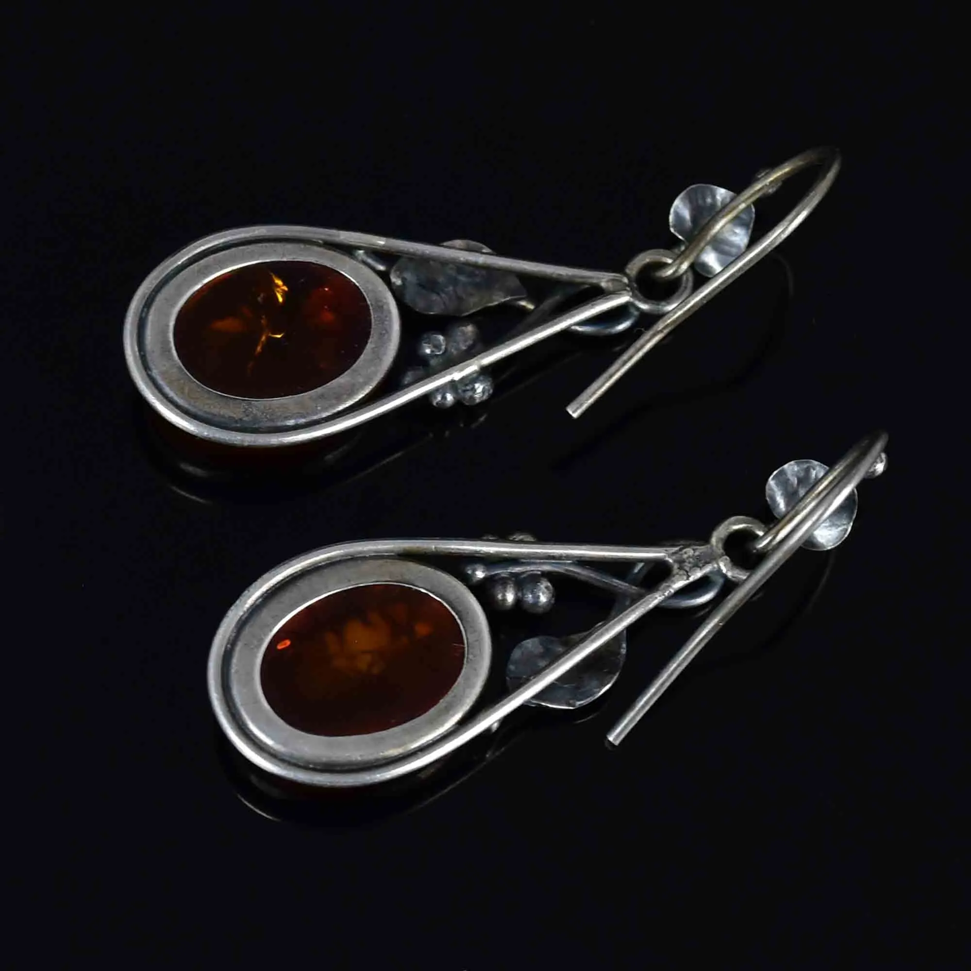 Arts and Crafts Style Silver Baltic Amber Cabochon Drop Earrings