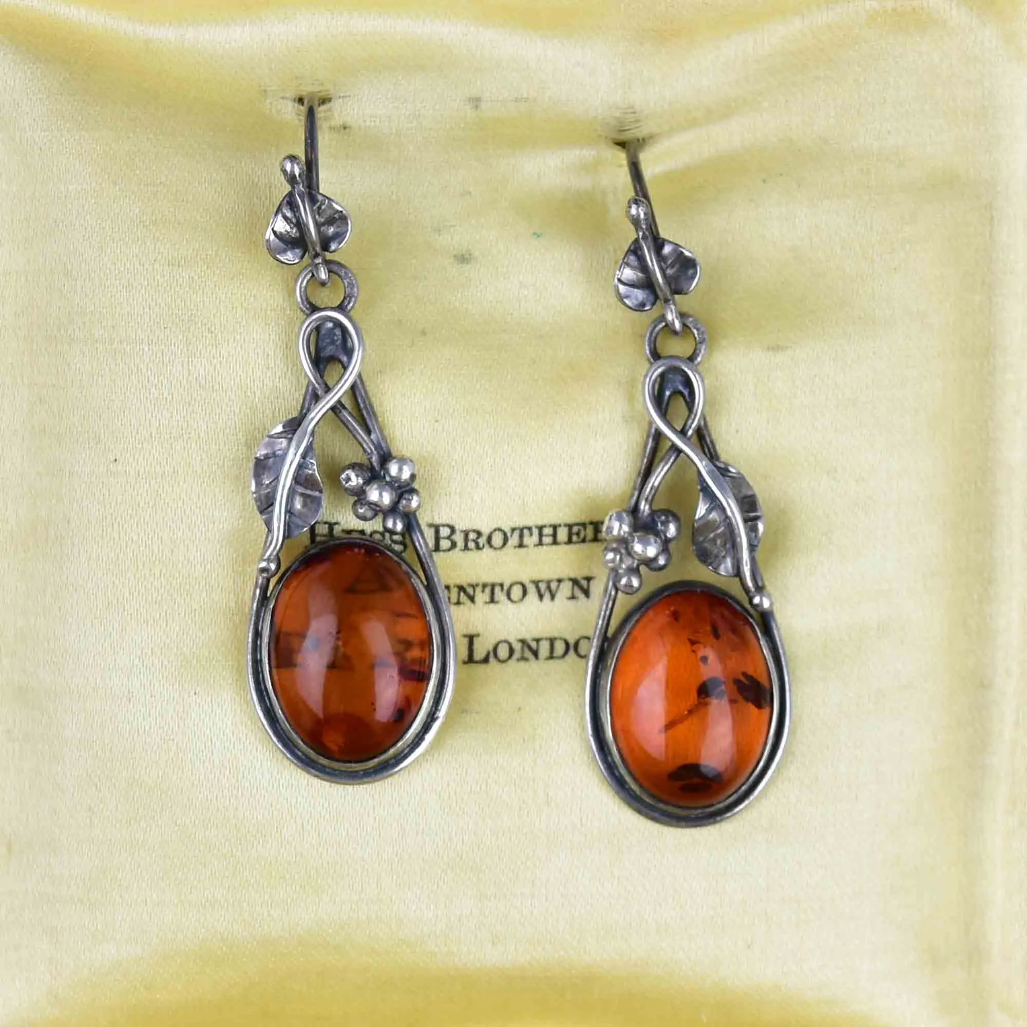 Arts and Crafts Style Silver Baltic Amber Cabochon Drop Earrings