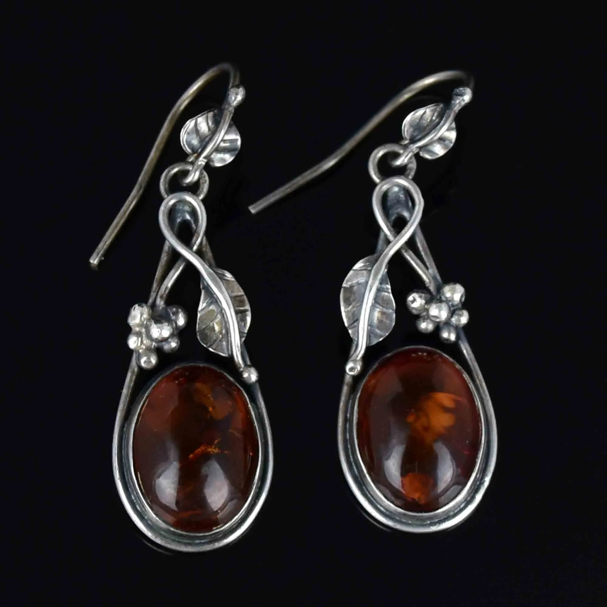 Arts and Crafts Style Silver Baltic Amber Cabochon Drop Earrings