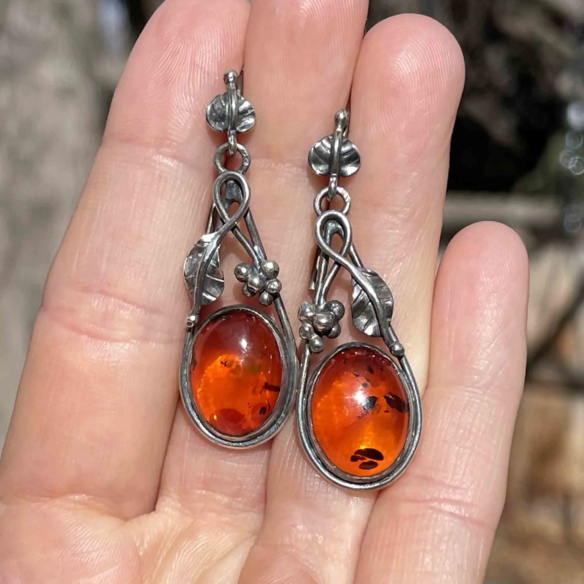 Arts and Crafts Style Silver Baltic Amber Cabochon Drop Earrings