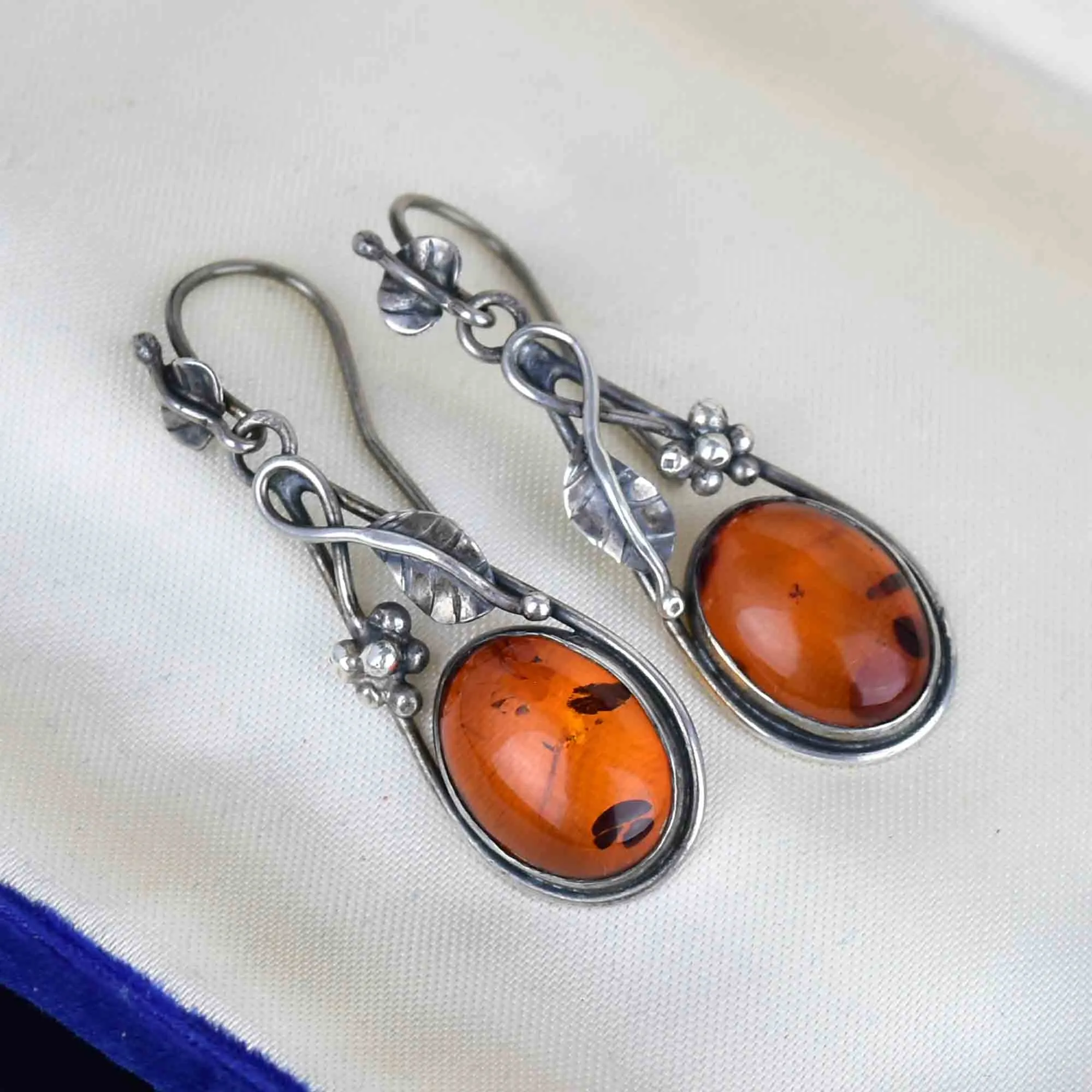 Arts and Crafts Style Silver Baltic Amber Cabochon Drop Earrings