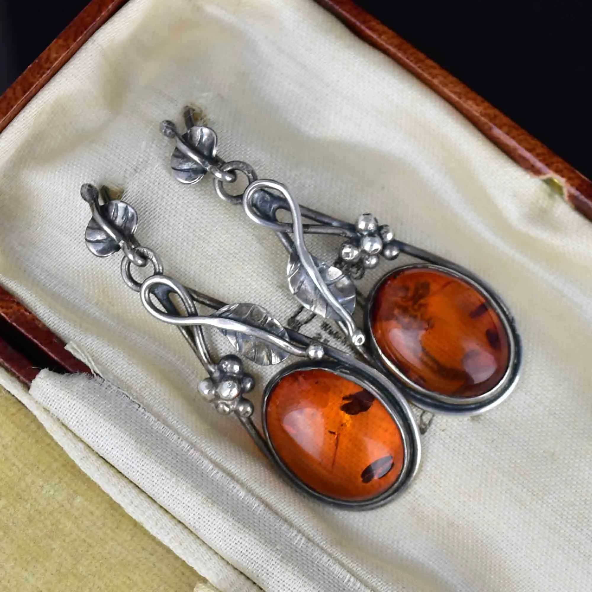 Arts and Crafts Style Silver Baltic Amber Cabochon Drop Earrings