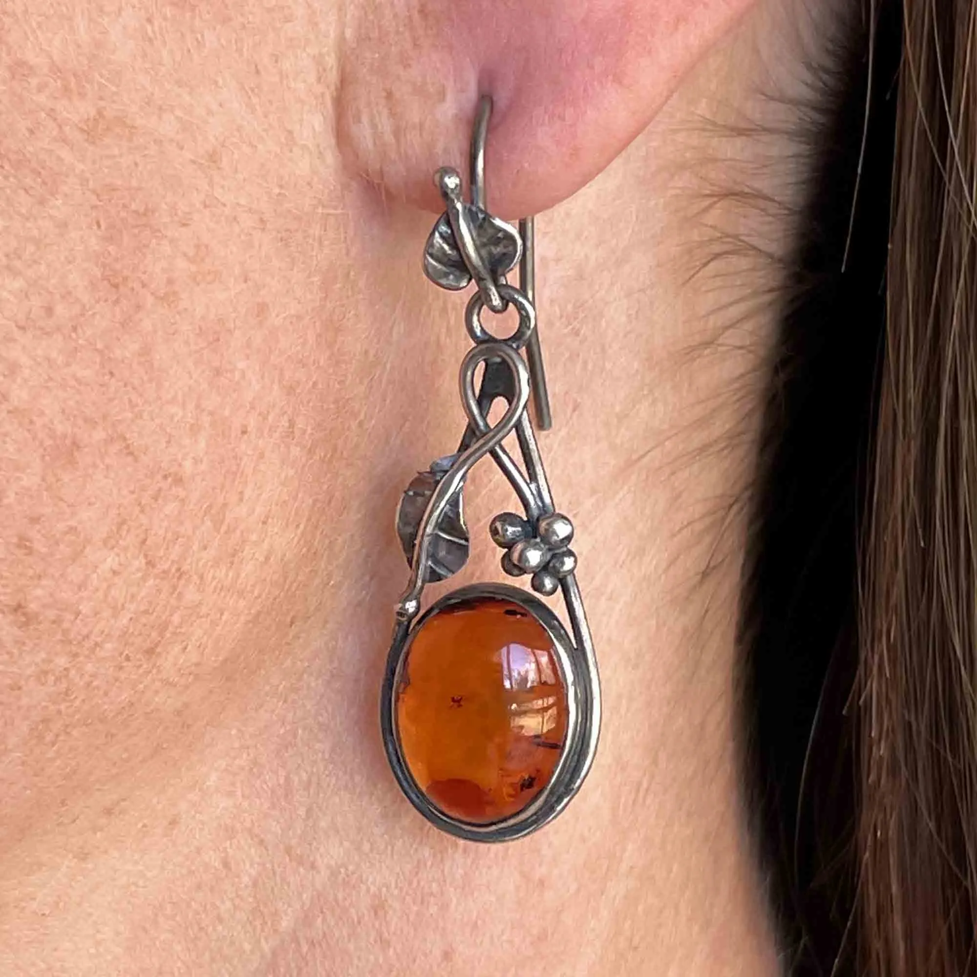 Arts and Crafts Style Silver Baltic Amber Cabochon Drop Earrings