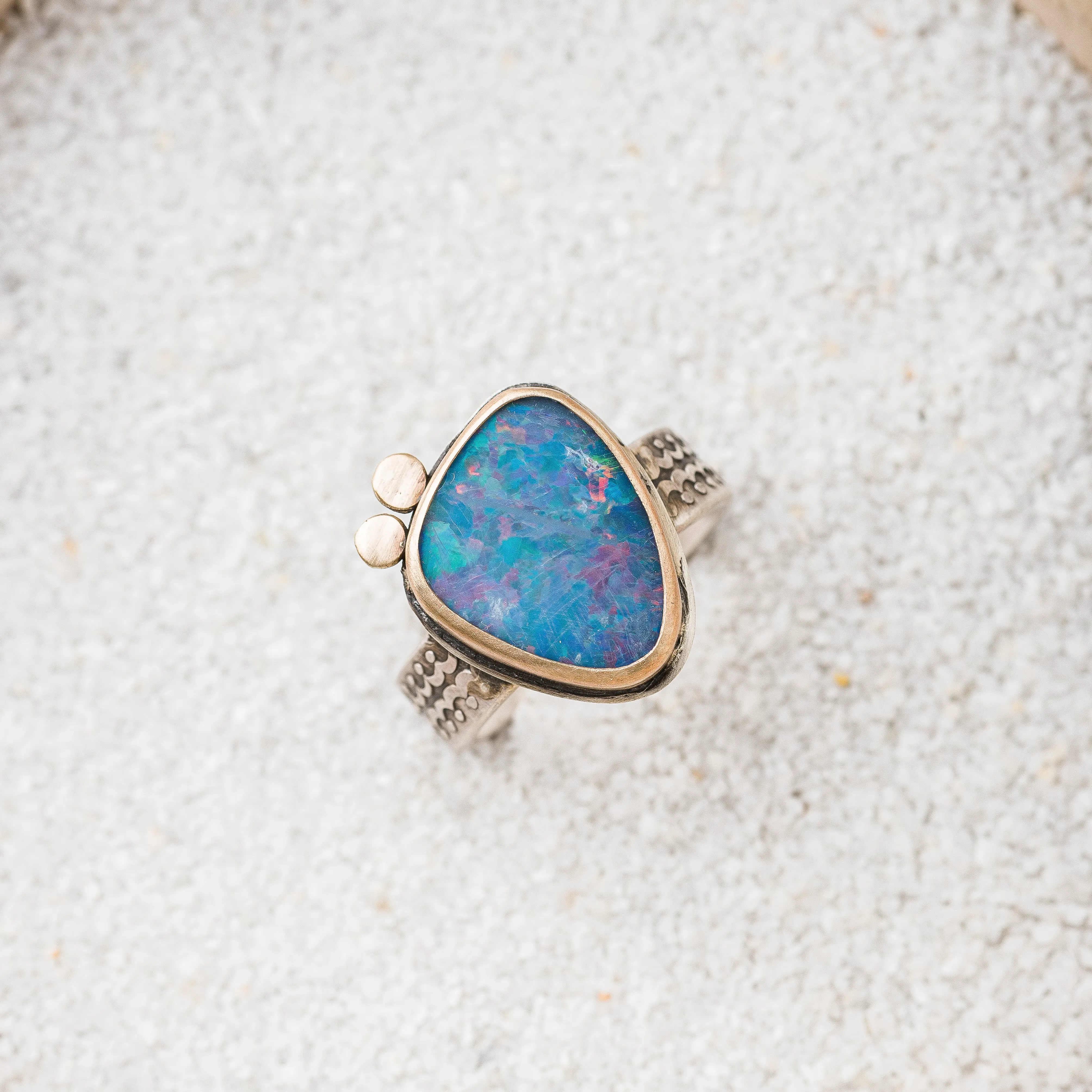 Australian Opal Ring with 14k Gold Discs on Scallop Band