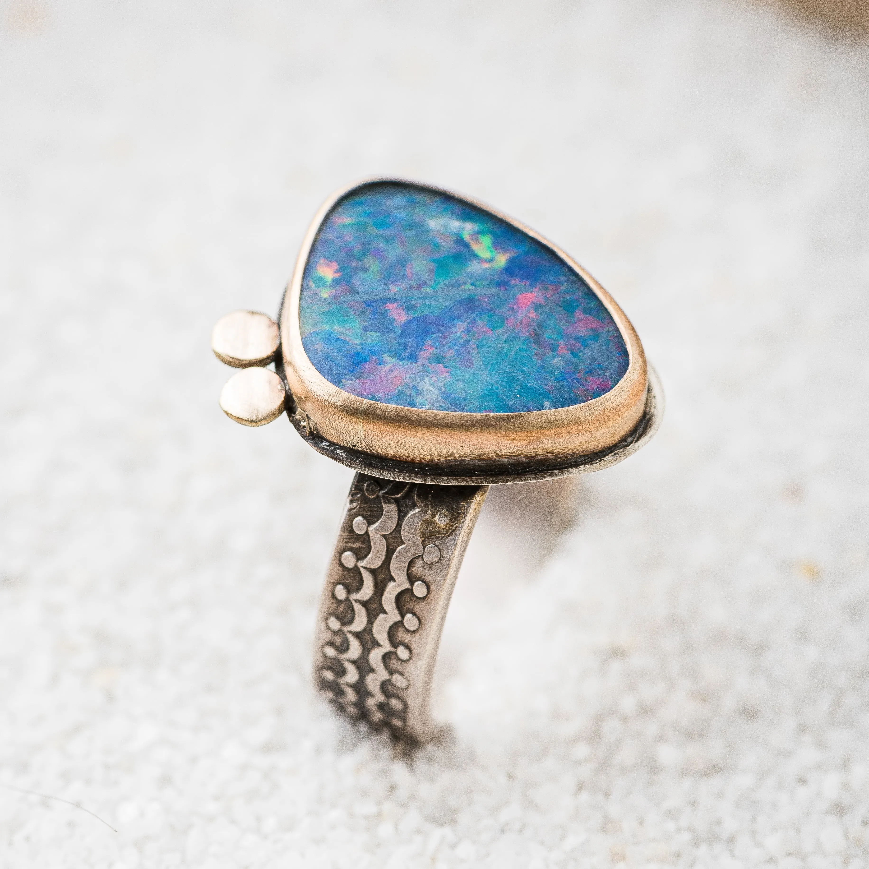 Australian Opal Ring with 14k Gold Discs on Scallop Band