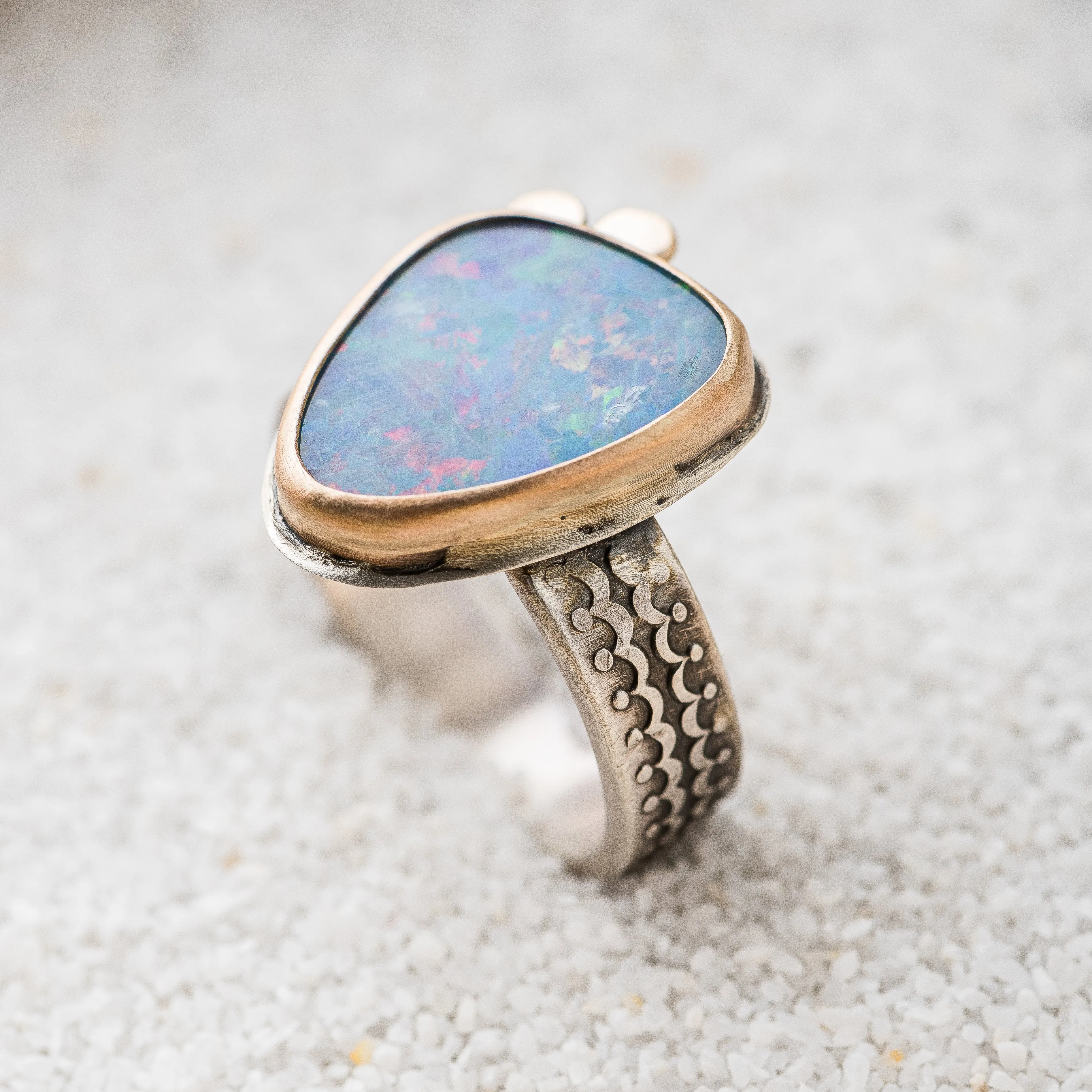 Australian Opal Ring with 14k Gold Discs on Scallop Band