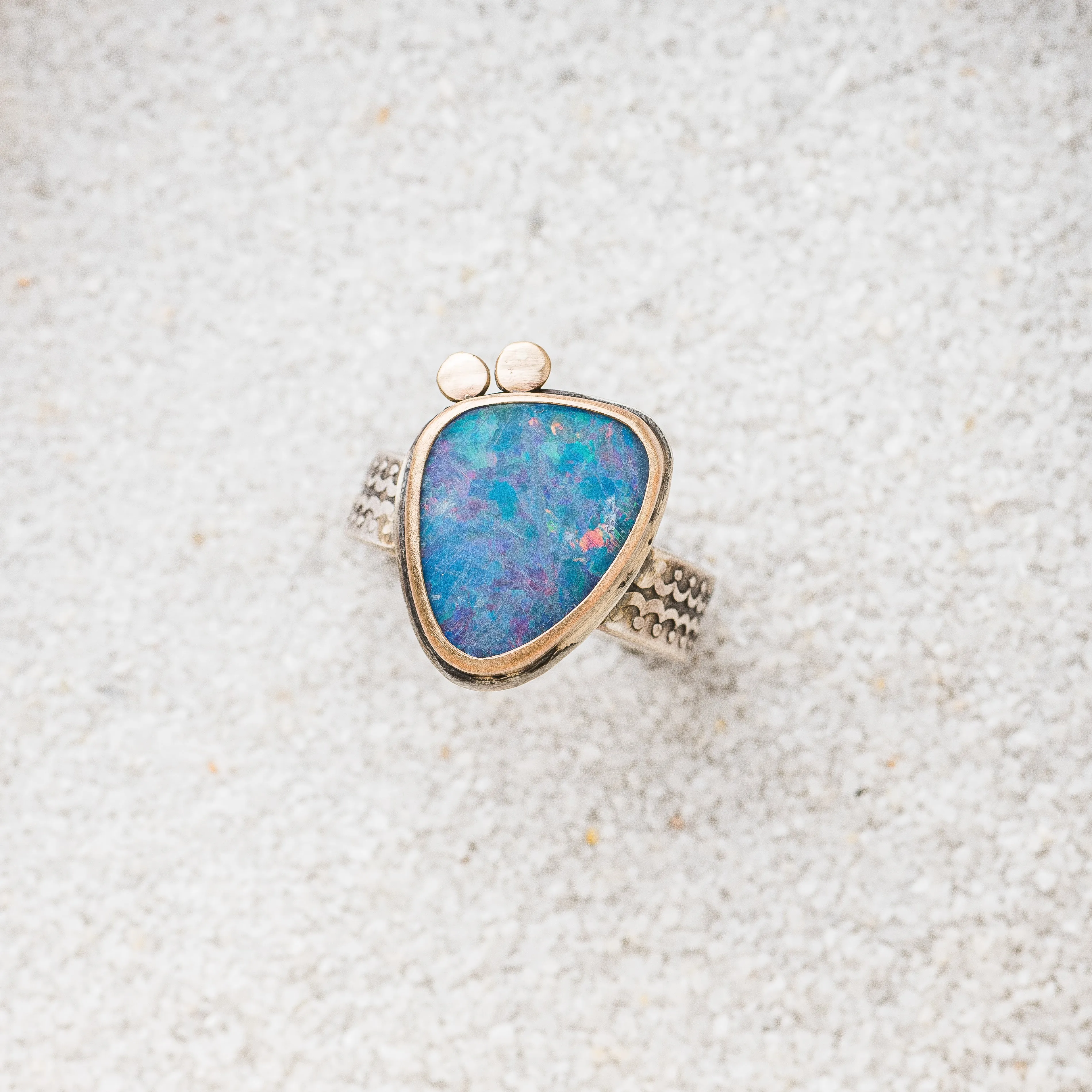 Australian Opal Ring with 14k Gold Discs on Scallop Band