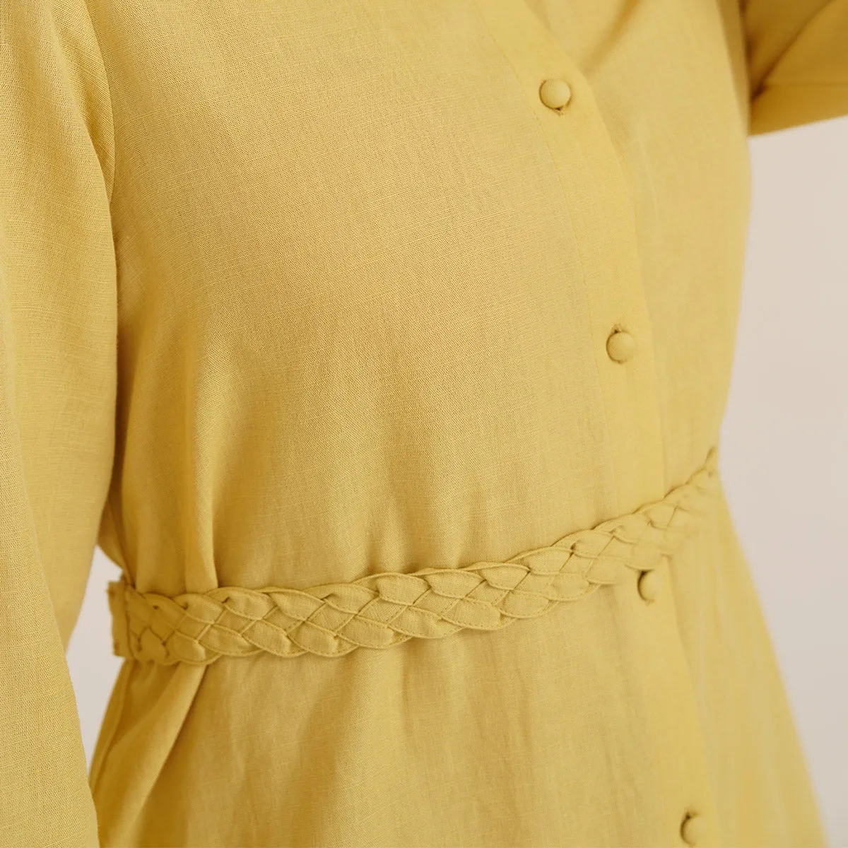 B77 BONA Haldi Yellow Embroidered Linen Women's Shirt Dress