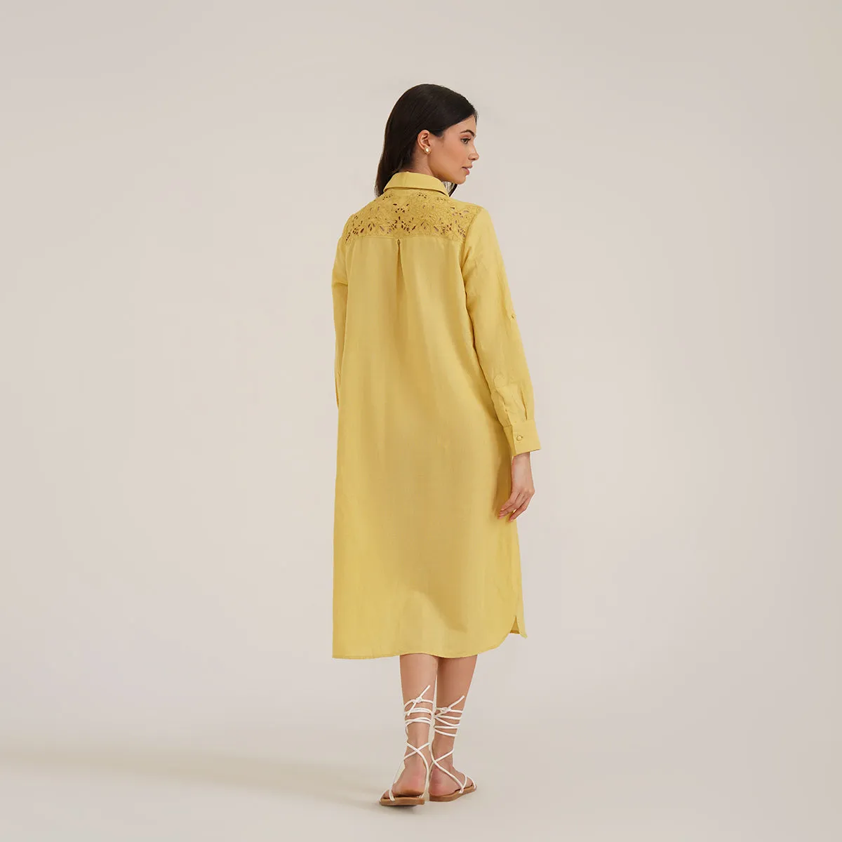 B77 BONA Haldi Yellow Embroidered Linen Women's Shirt Dress