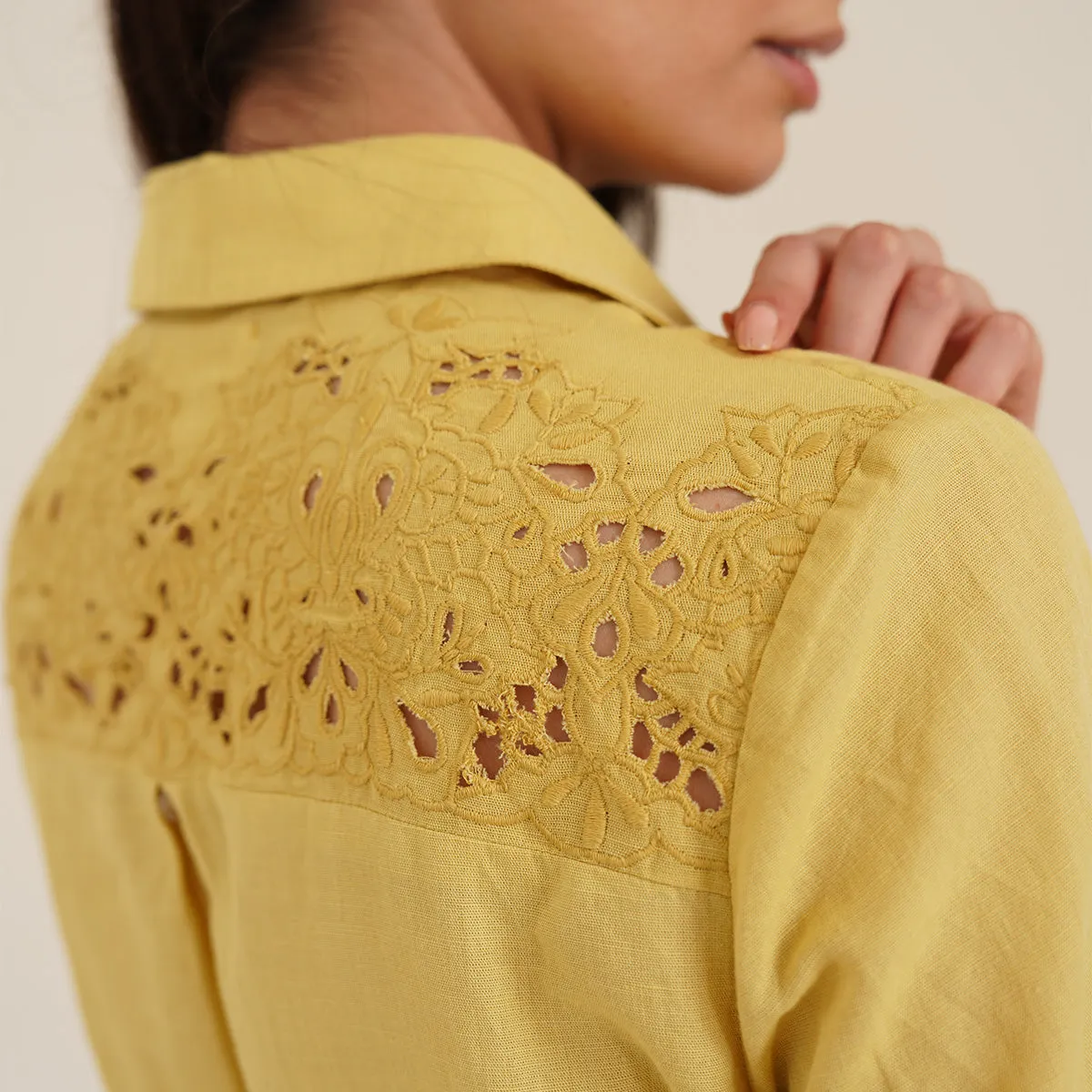 B77 BONA Haldi Yellow Embroidered Linen Women's Shirt Dress