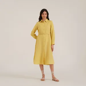 B77 BONA Haldi Yellow Embroidered Linen Women's Shirt Dress