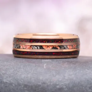 Black Fire Opal & Meteorite Wedding Band- 8MM Rose Gold Tungsten