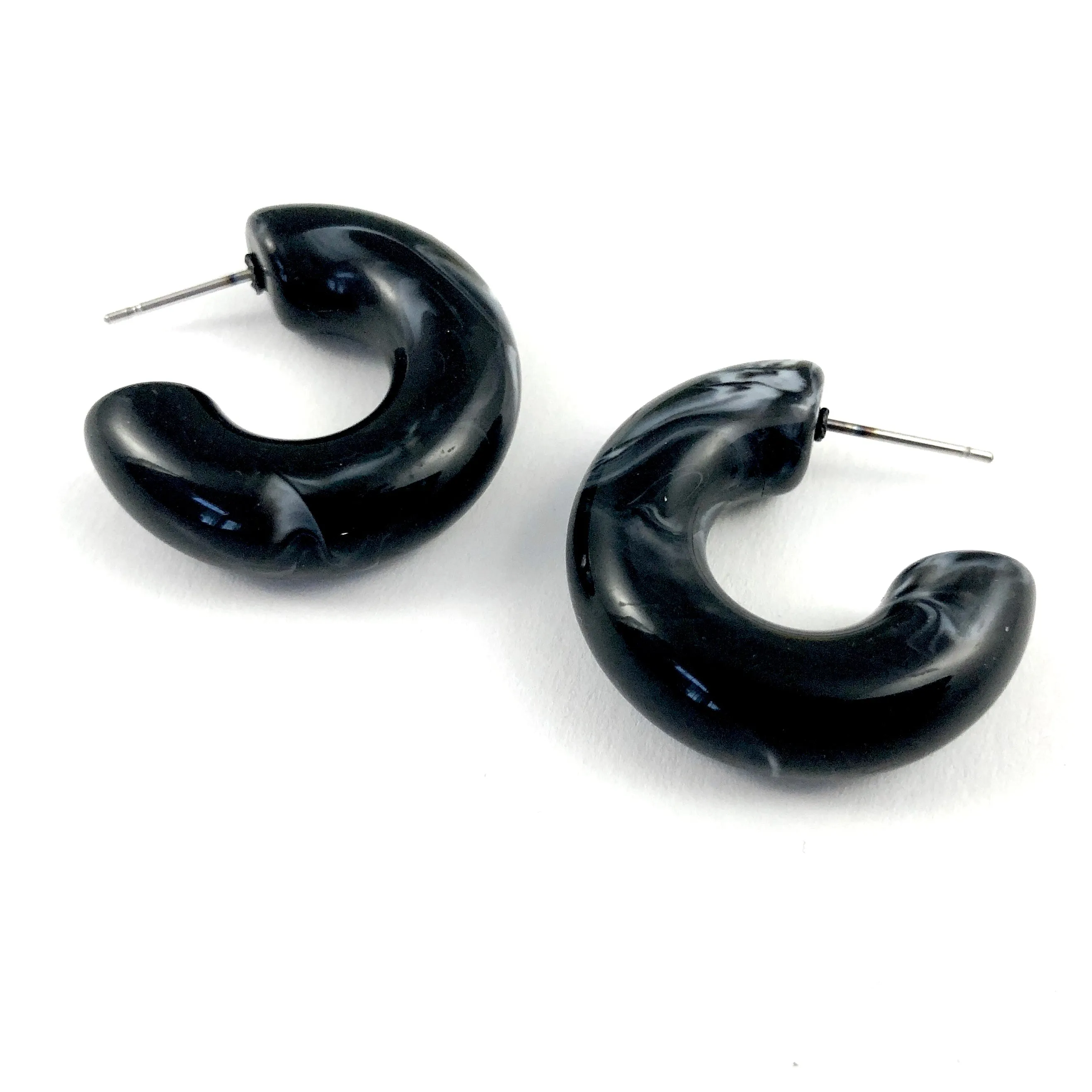 Black Marbled Chunky Polly Hoop Earrings