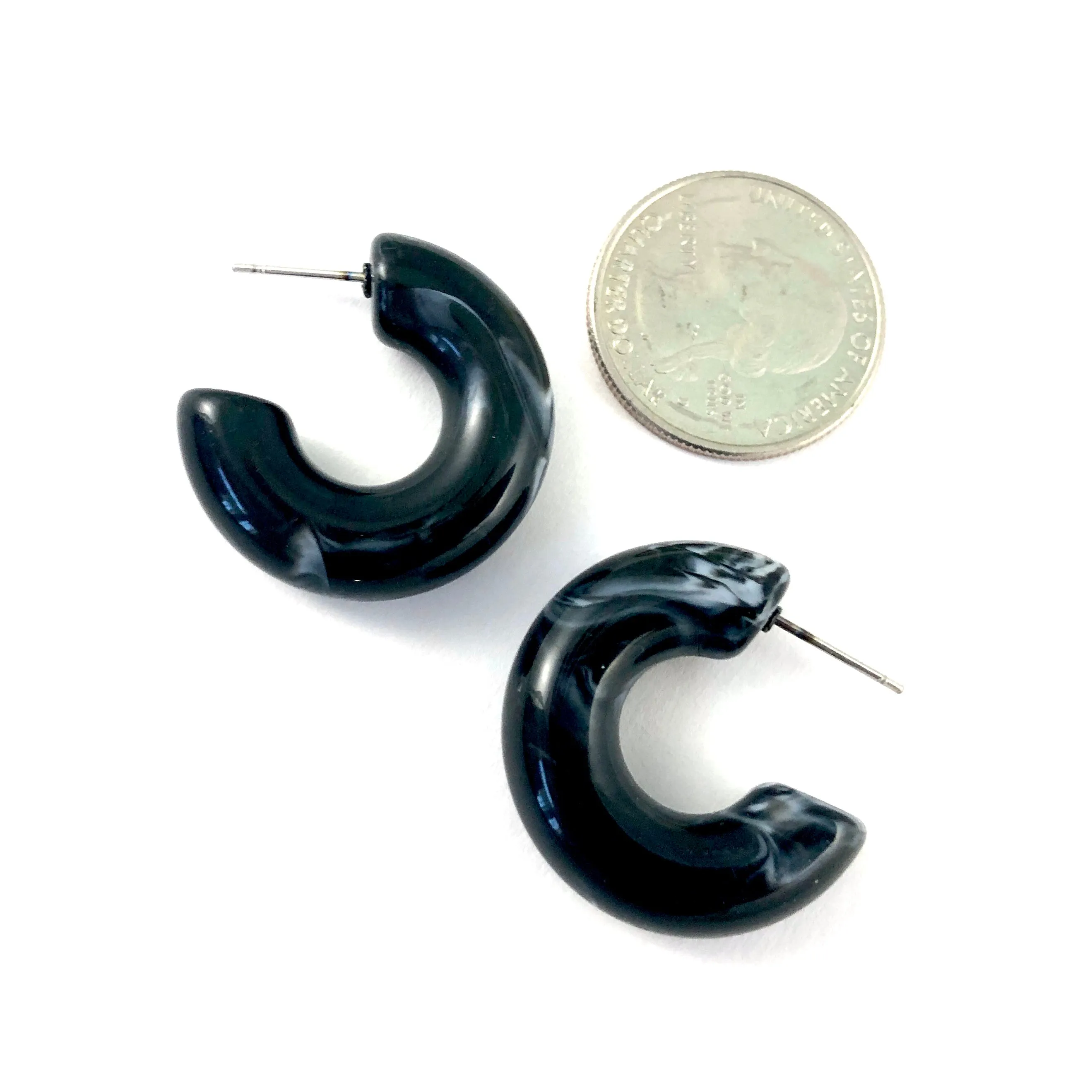 Black Marbled Chunky Polly Hoop Earrings