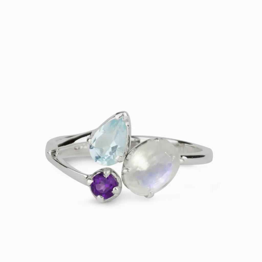 Blue Topaz, Rainbow Moonstone, & Amethyst Ring