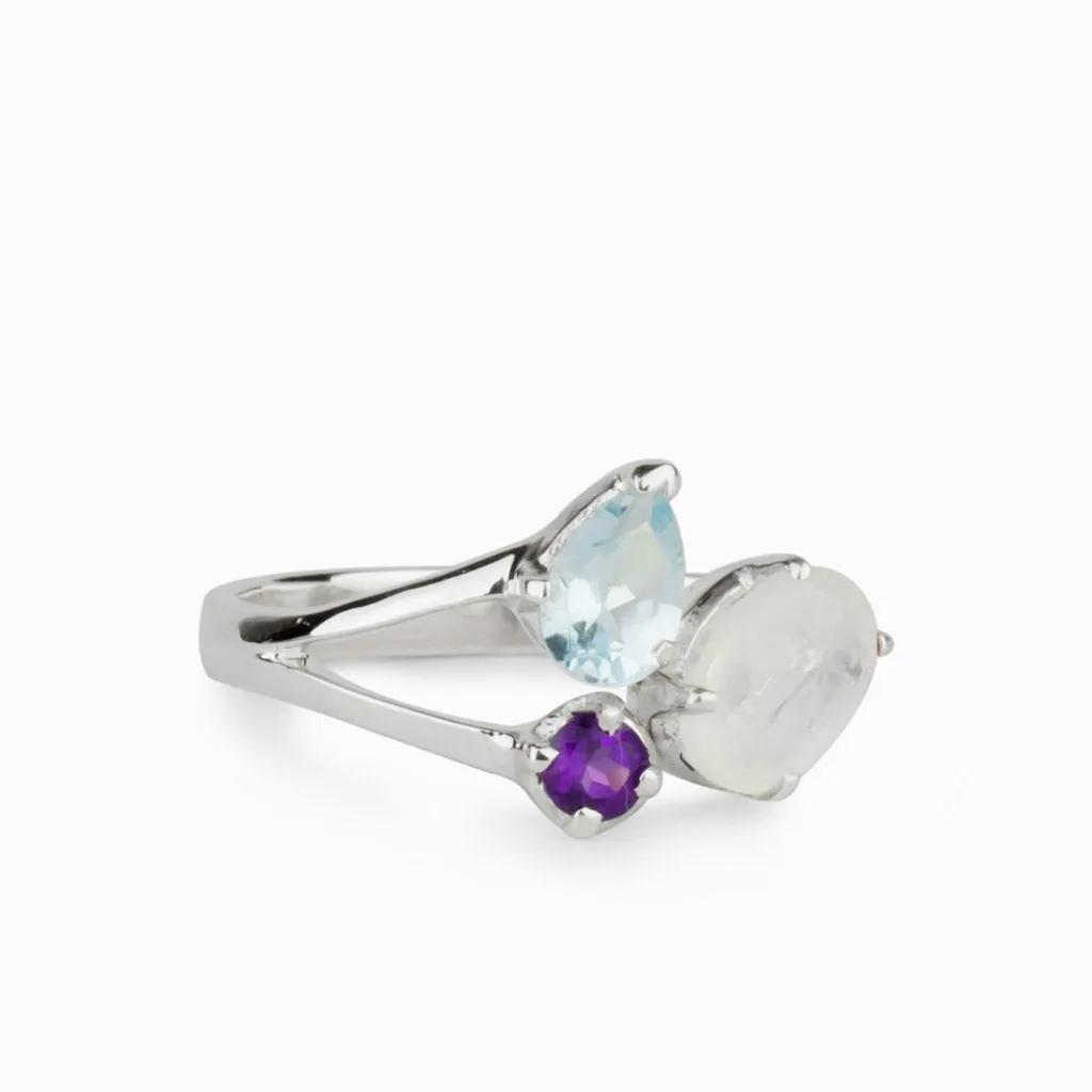 Blue Topaz, Rainbow Moonstone, & Amethyst Ring