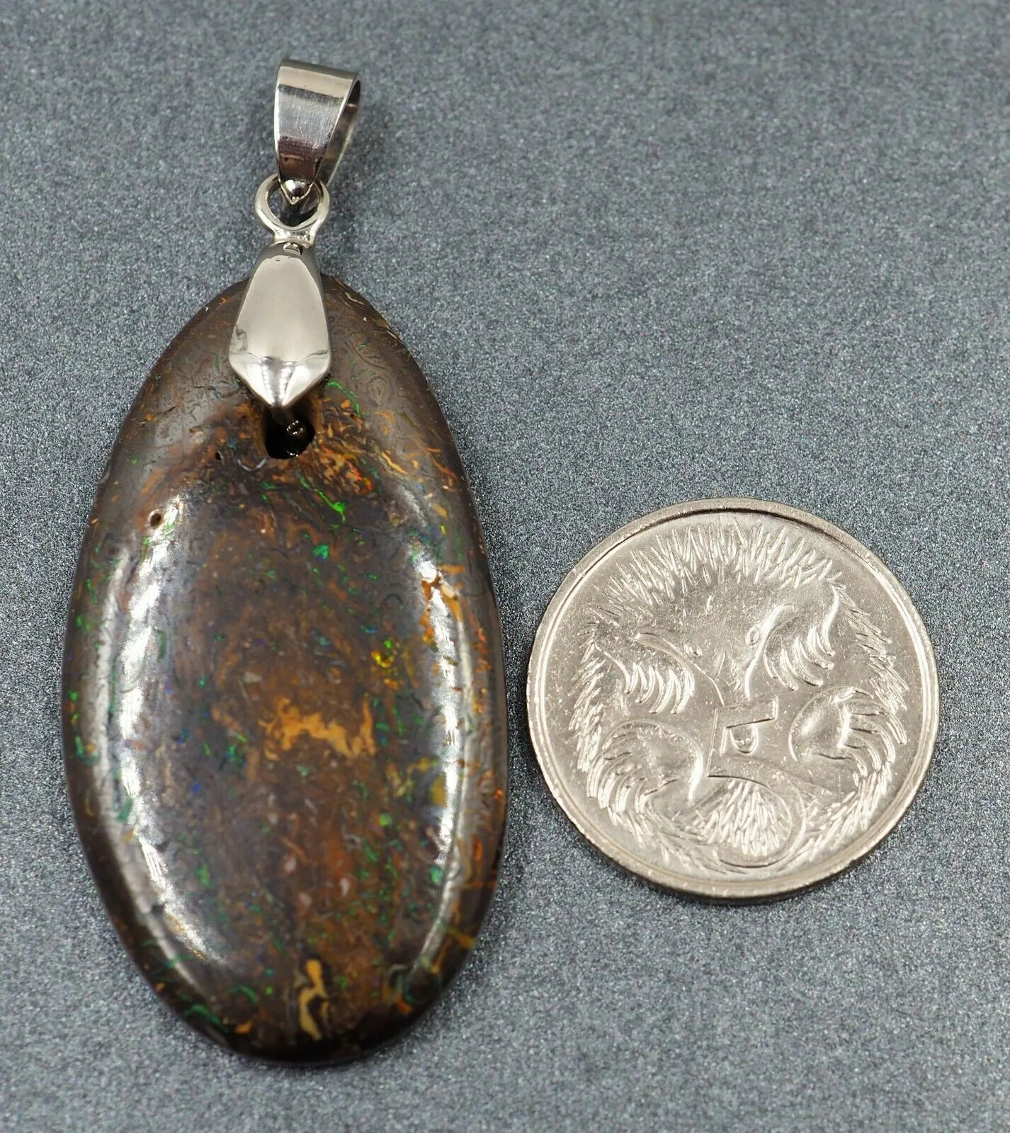 Boulder Opal & 18ct White Gold-Plated Pendant with Flashes of Blue & Green