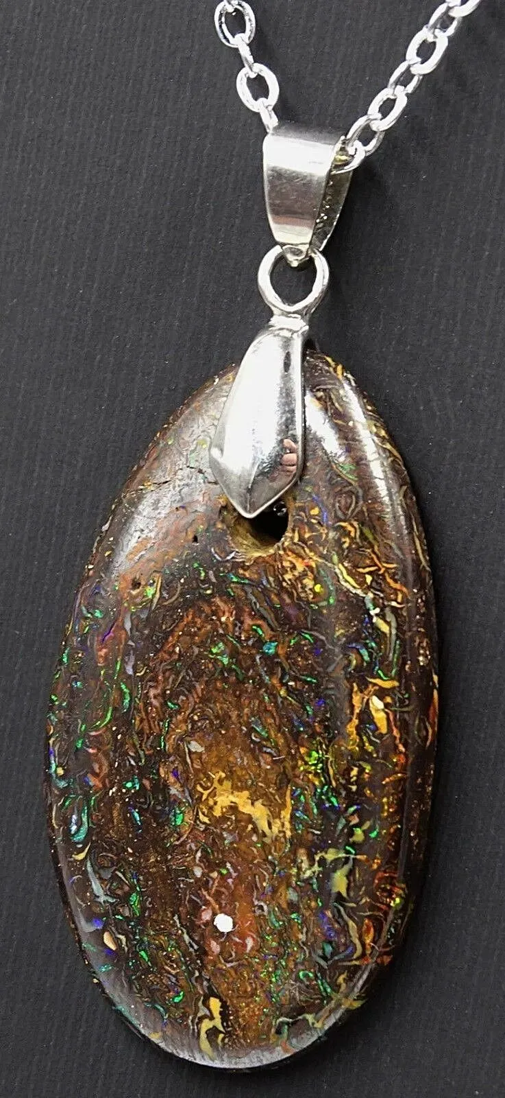 Boulder Opal & 18ct White Gold-Plated Pendant with Flashes of Blue & Green