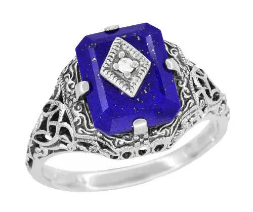 Caroline's Daylight Ring - Art Deco Filigree Diamond and Lapis Lazuli Ring in Sterling Silver