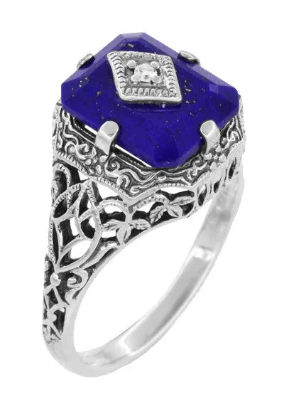 Caroline's Daylight Ring - Art Deco Filigree Diamond and Lapis Lazuli Ring in Sterling Silver