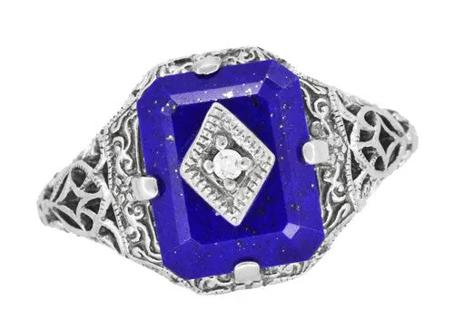 Caroline's Daylight Ring - Art Deco Filigree Diamond and Lapis Lazuli Ring in Sterling Silver