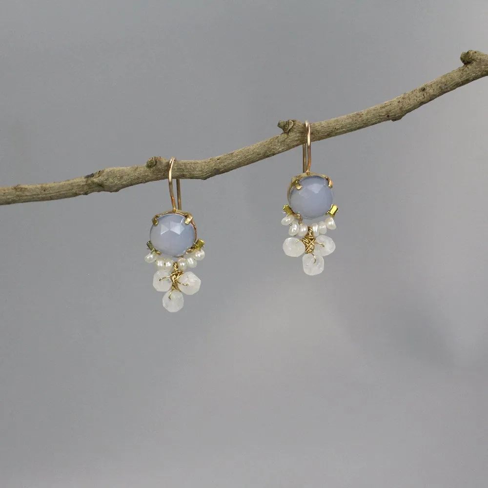 Chalcedony Pearl Moonstone Clover Earrings