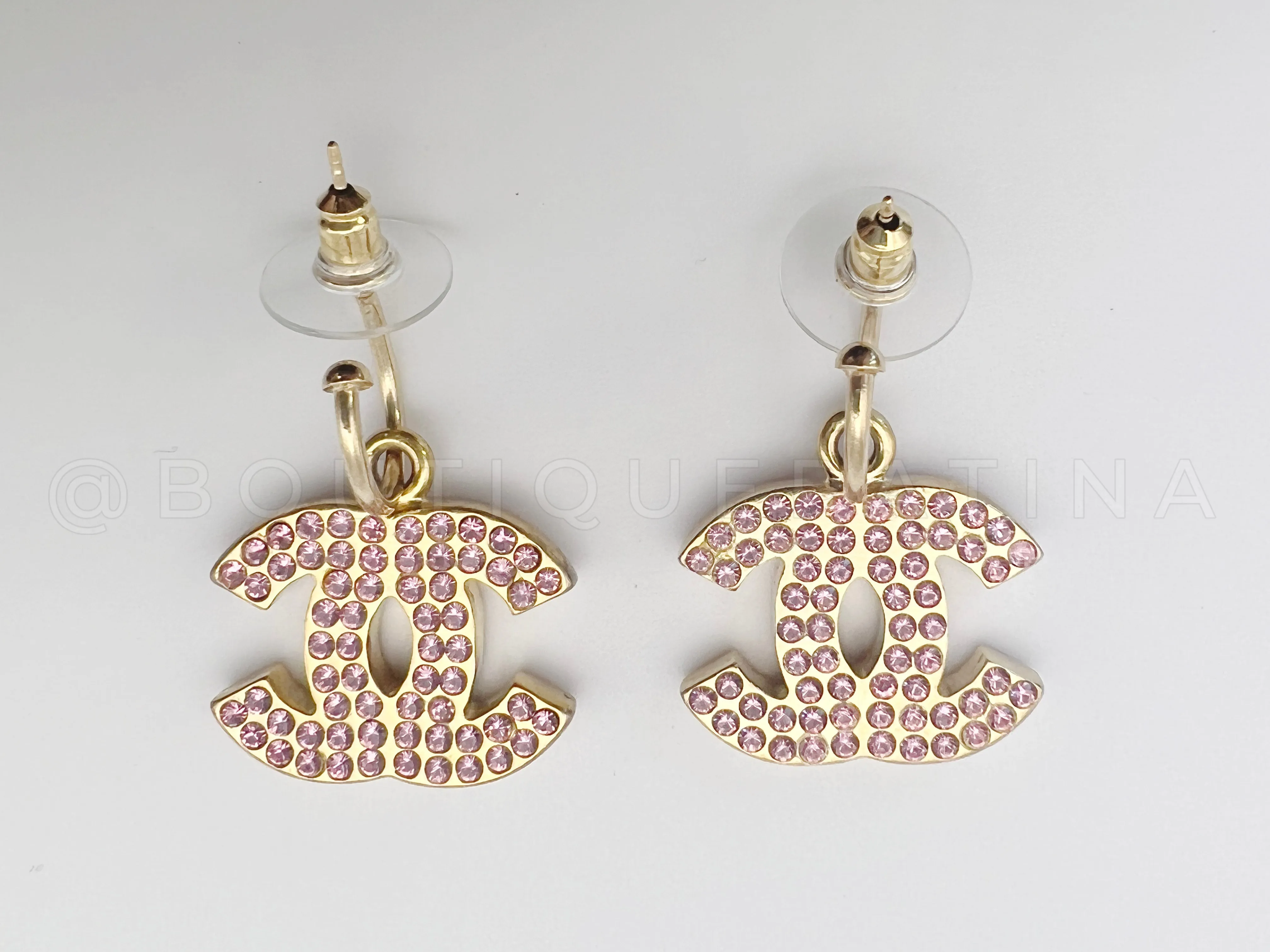 Chanel 02P Pink Crystal CC Drop Earrings