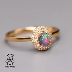 Classic Halo Design Australian Black Opal Diamond Engagement Ring 18K Yellow Gold