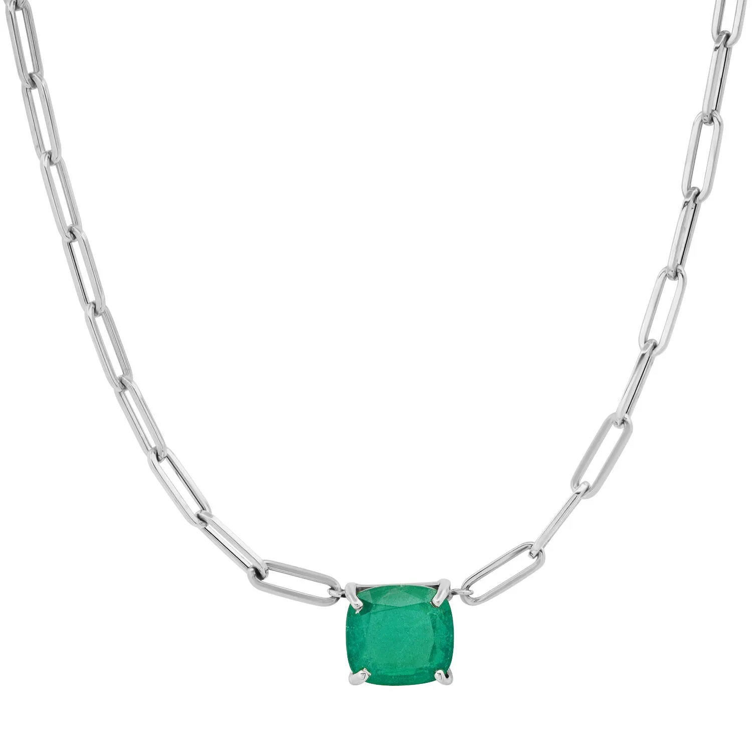 Cushion Cut Green Emerald on Paperclip Link Chain Necklace