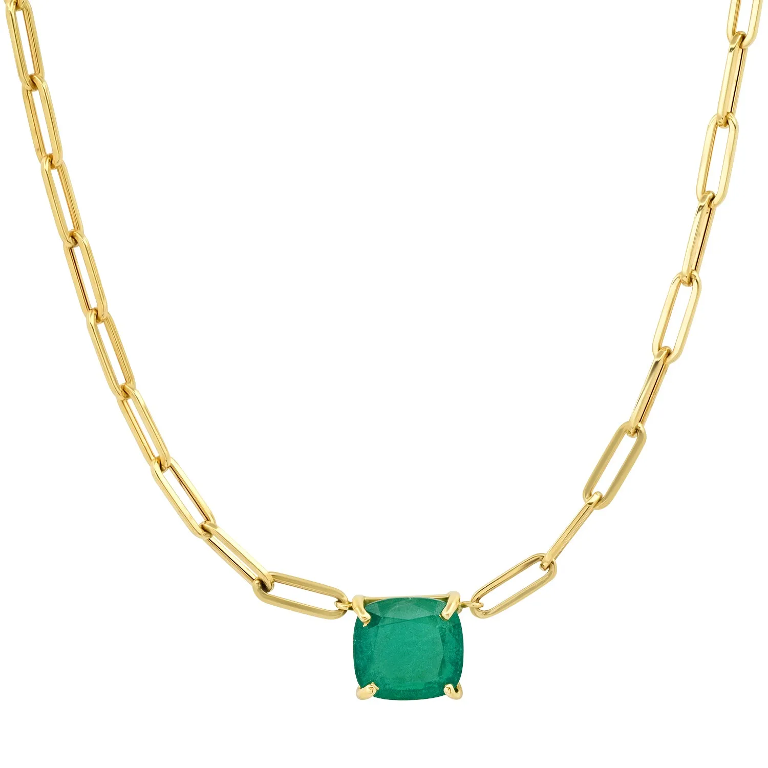 Cushion Cut Green Emerald on Paperclip Link Chain Necklace