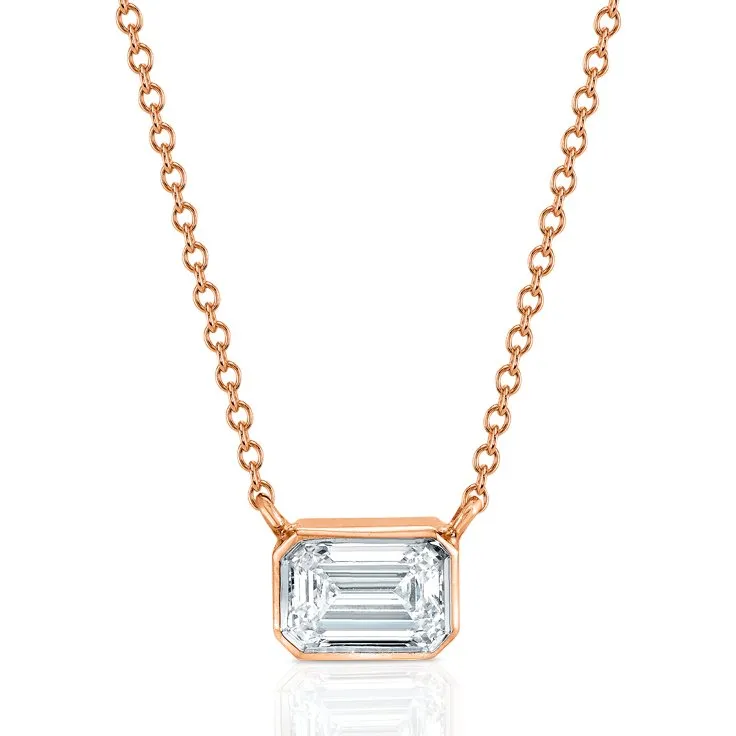 East West Emerald Cut Bezel Set Pendant with Cable Chain