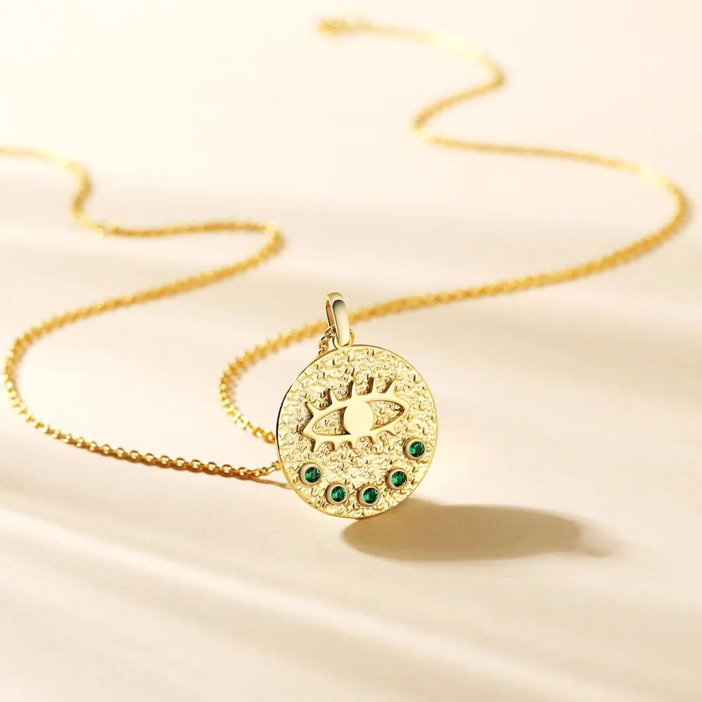 Evil Eye Emerald Gold Coin Pendant Necklace for Women KRKC&CO KEEP REAL KEEP CHAMPION