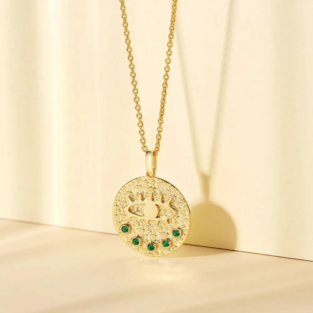 Evil Eye Emerald Gold Coin Pendant Necklace for Women KRKC&CO KEEP REAL KEEP CHAMPION