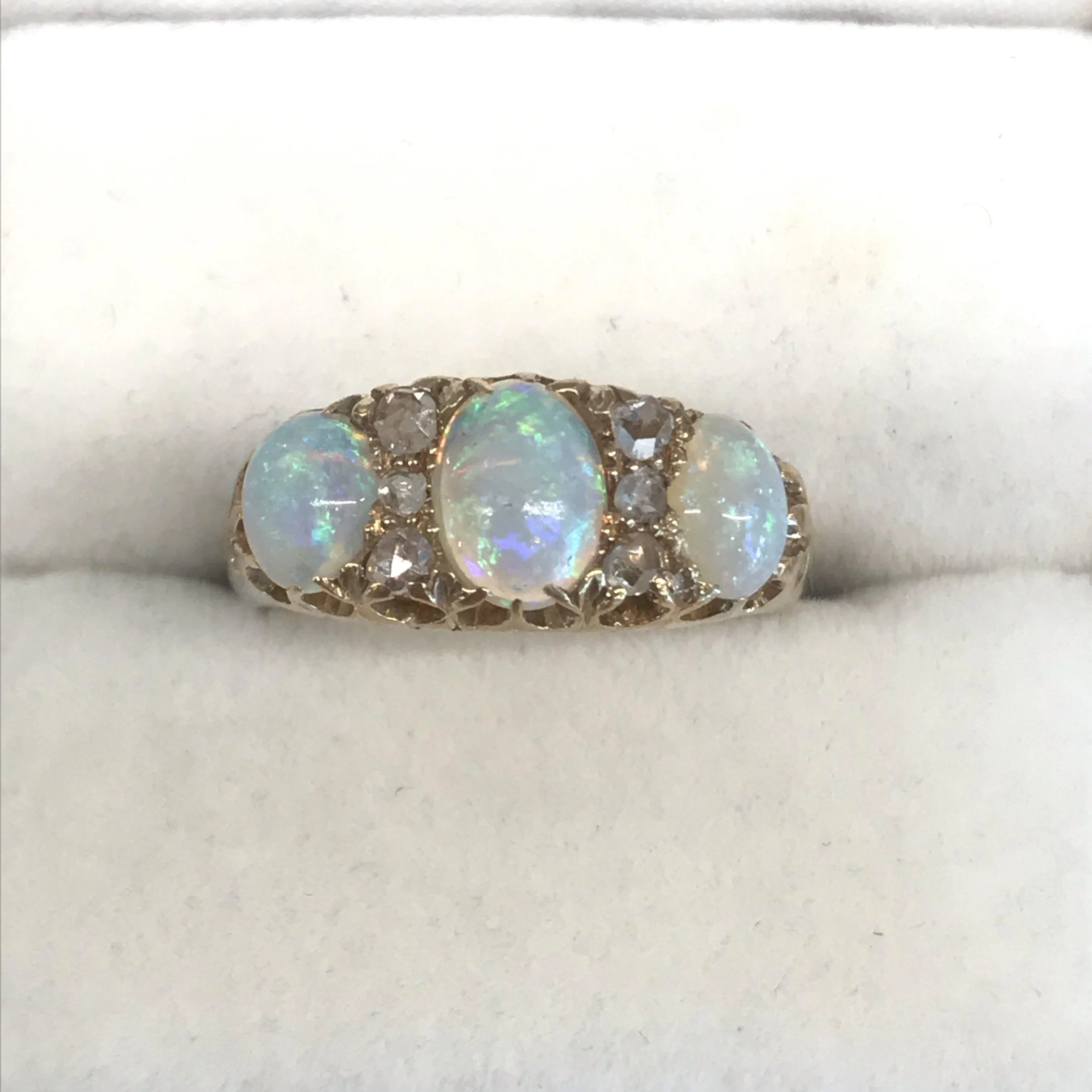 Fiery British Opal 18k Gold Ring with Rose Cut Diamonds