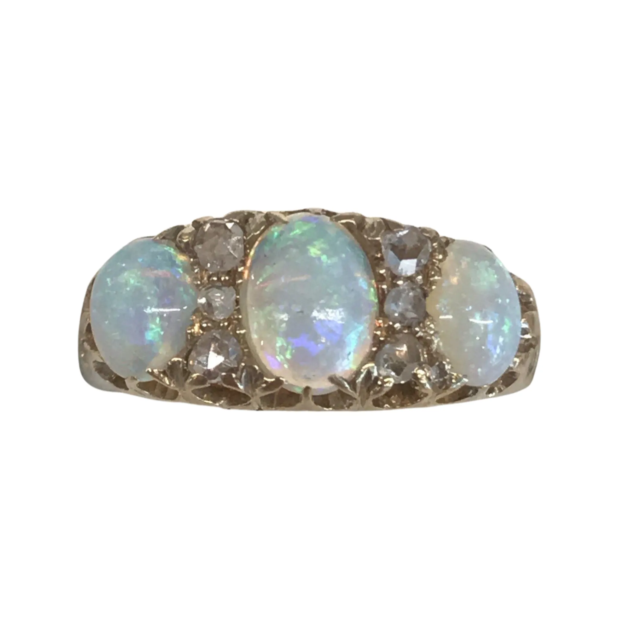 Fiery British Opal 18k Gold Ring with Rose Cut Diamonds