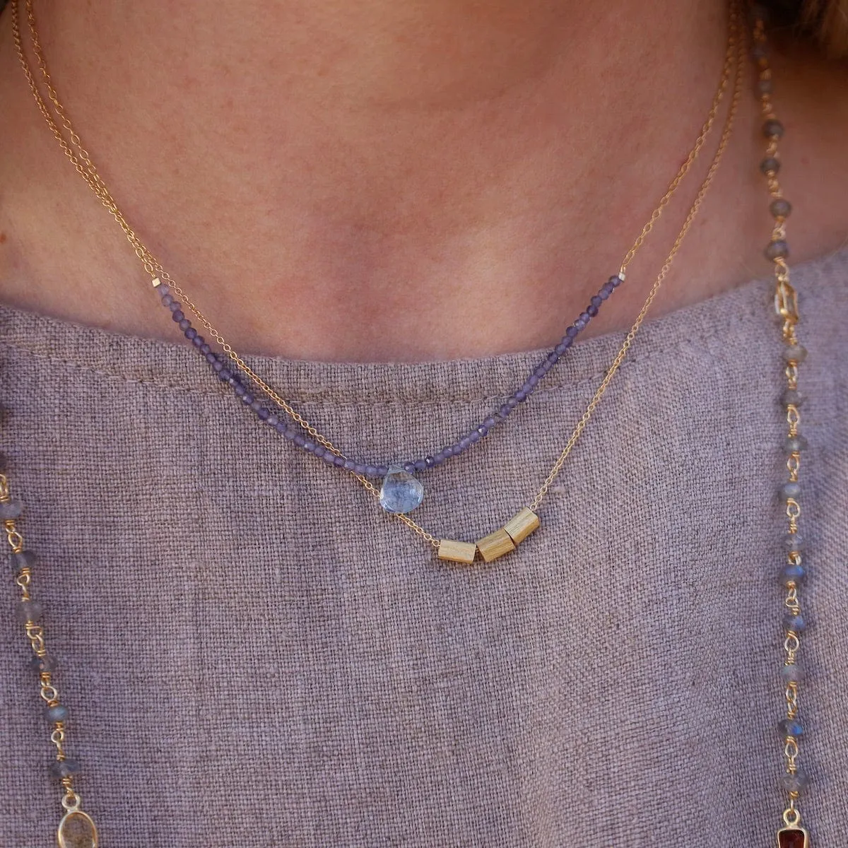 Iolite Arc & Blue Topaz Briolette Drop Necklace